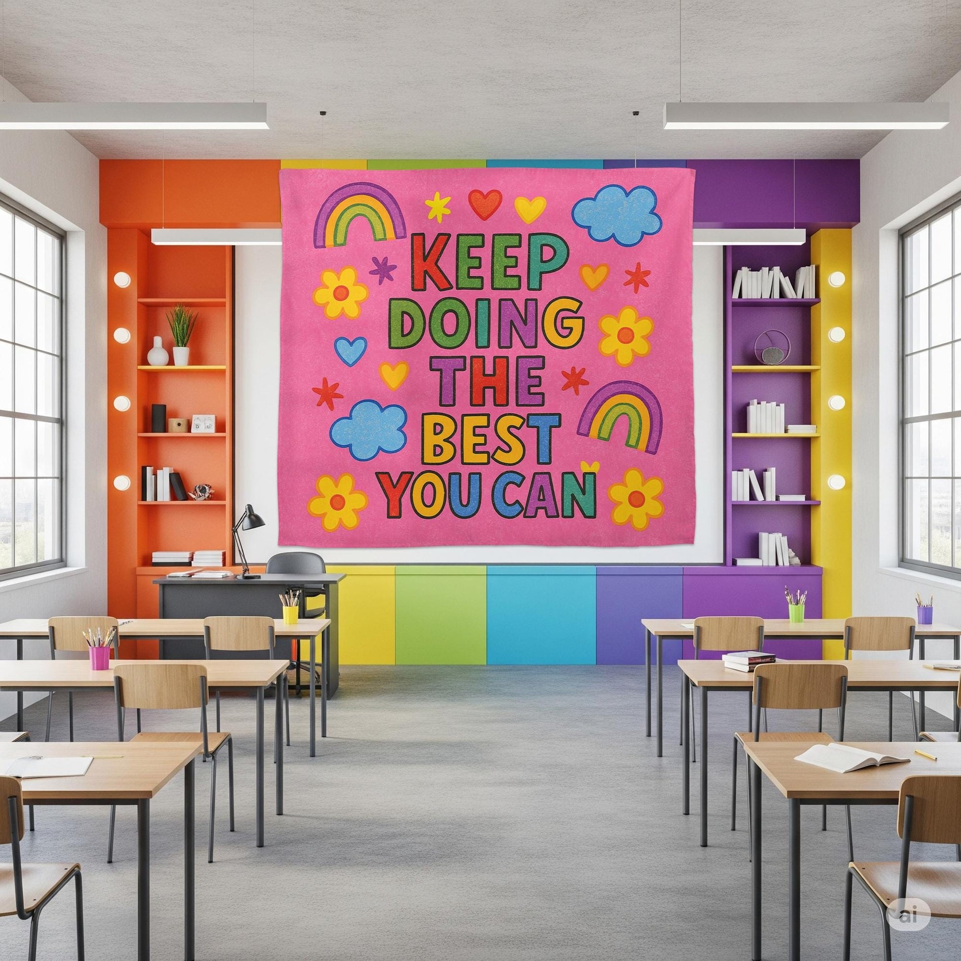 Keep Doing the Best You Can Tapestry Wall Art, Colorful Motivational Banner for Classroom, Preschool, Kids Room, Teacher Encouragement Decor