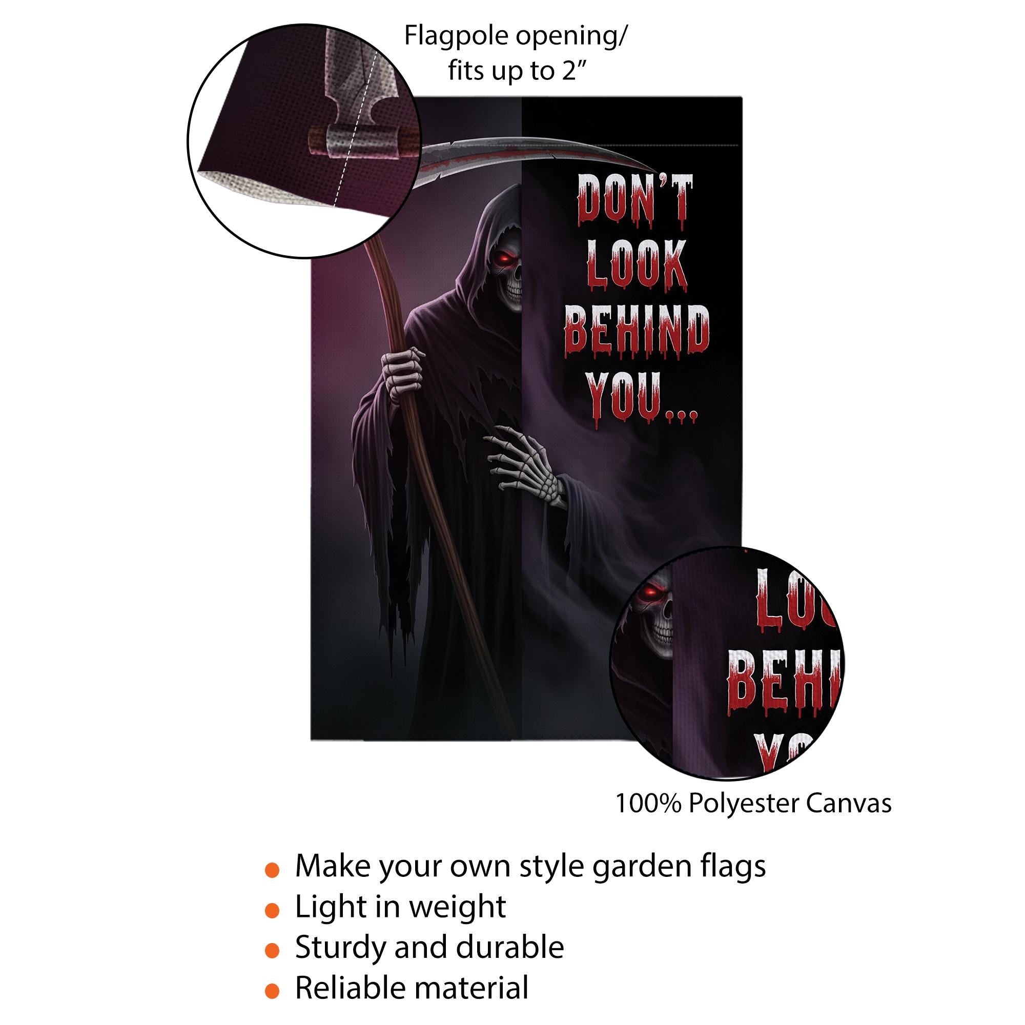 Grim Reaper Halloween Garden Flag – Don’t Look Behind You – Scary Skeleton Scythe Yard Decor – Spooky Outdoor Fall Sign