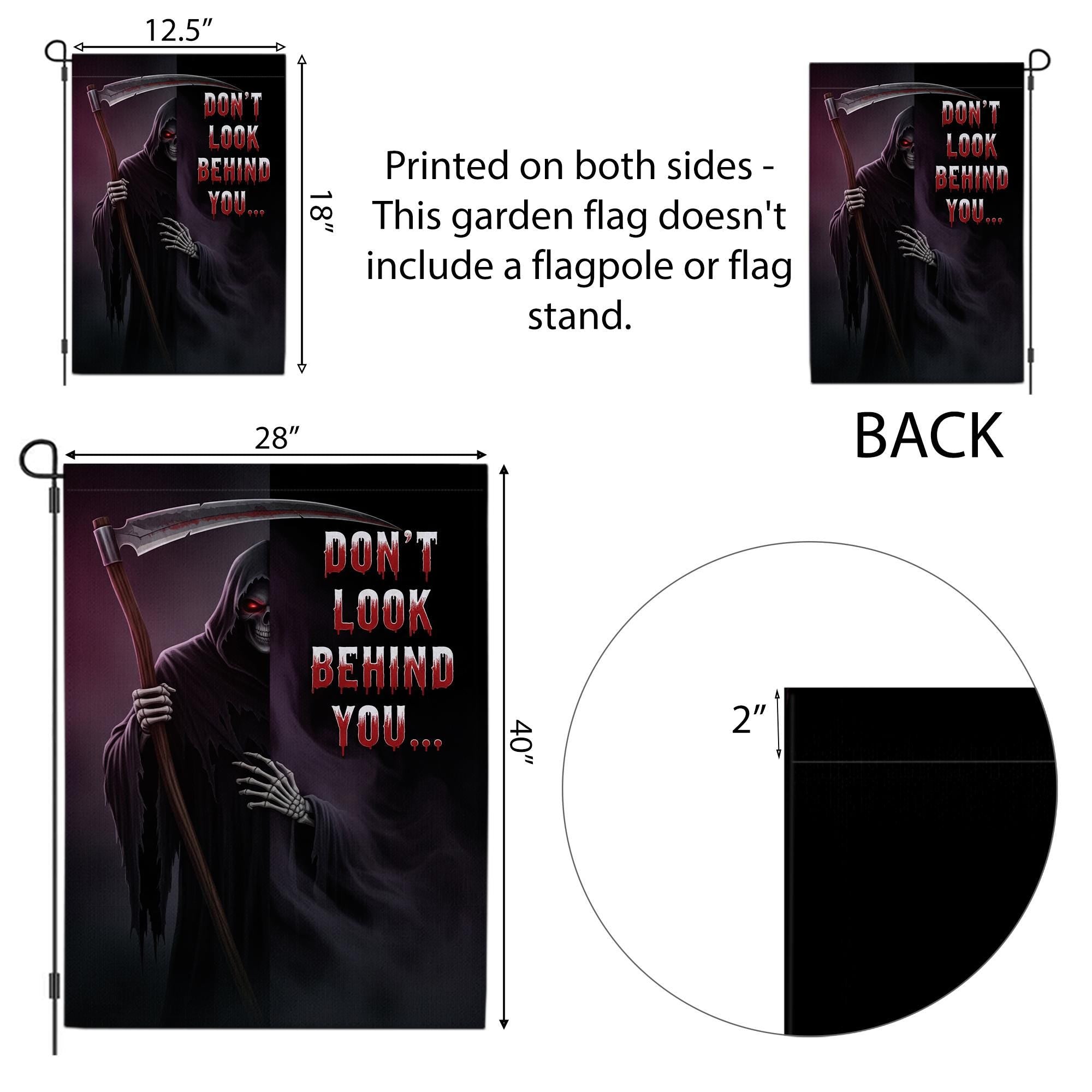 Grim Reaper Halloween Garden Flag – Don’t Look Behind You – Scary Skeleton Scythe Yard Decor – Spooky Outdoor Fall Sign