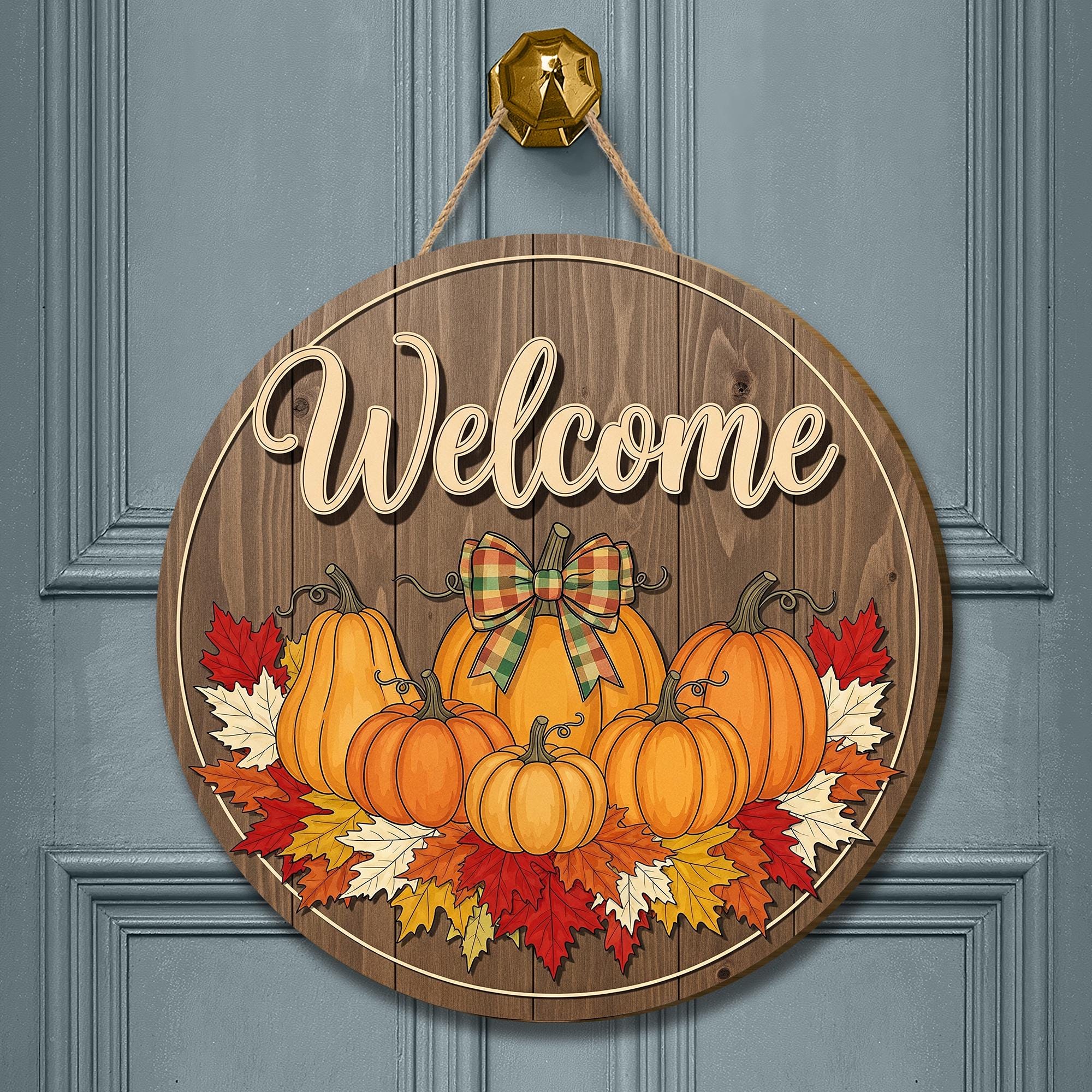 Fall Pumpkin Door Hanger, Rustic Welcome Sign, Autumn Front Door Decor, Thanksgiving Porch Sign, Farmhouse Wooden Wall Decor