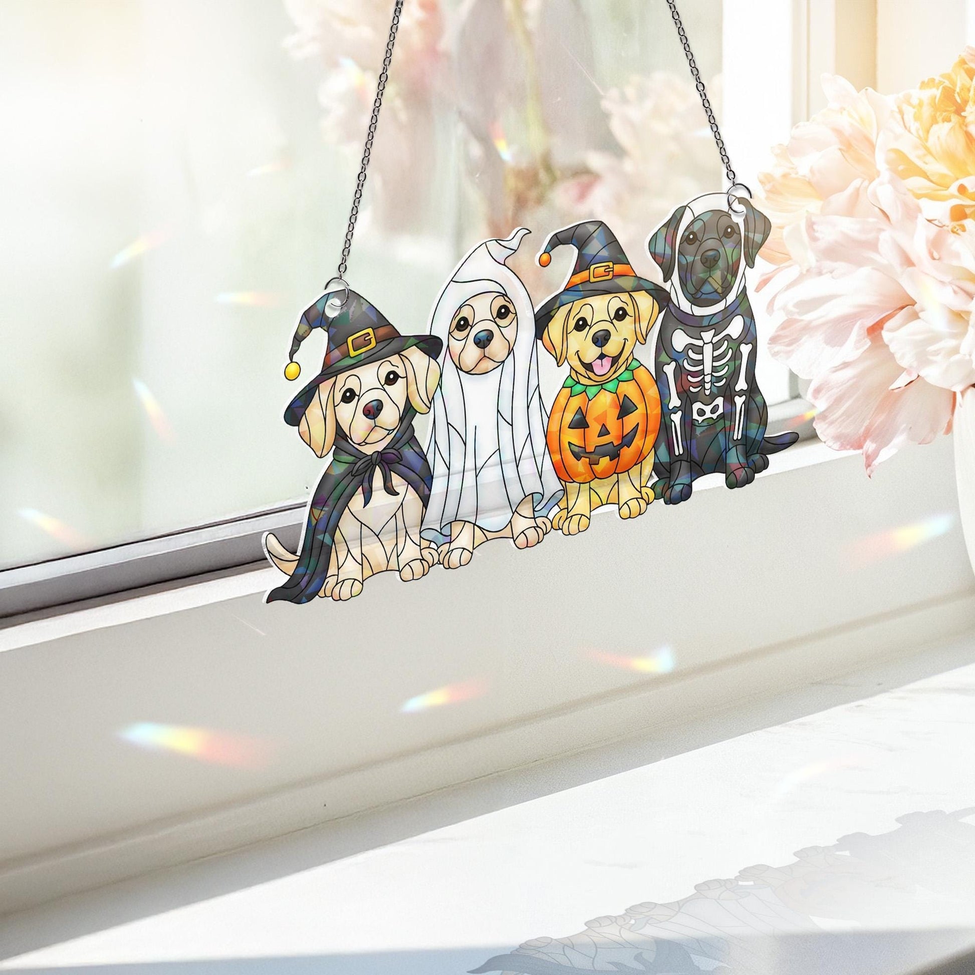 Halloween Dog Suncatcher - Cute Puppy Window Hanging - Witch Ghost Pumpkin Skeleton Pet Decor - Fall Dog Lover Gift