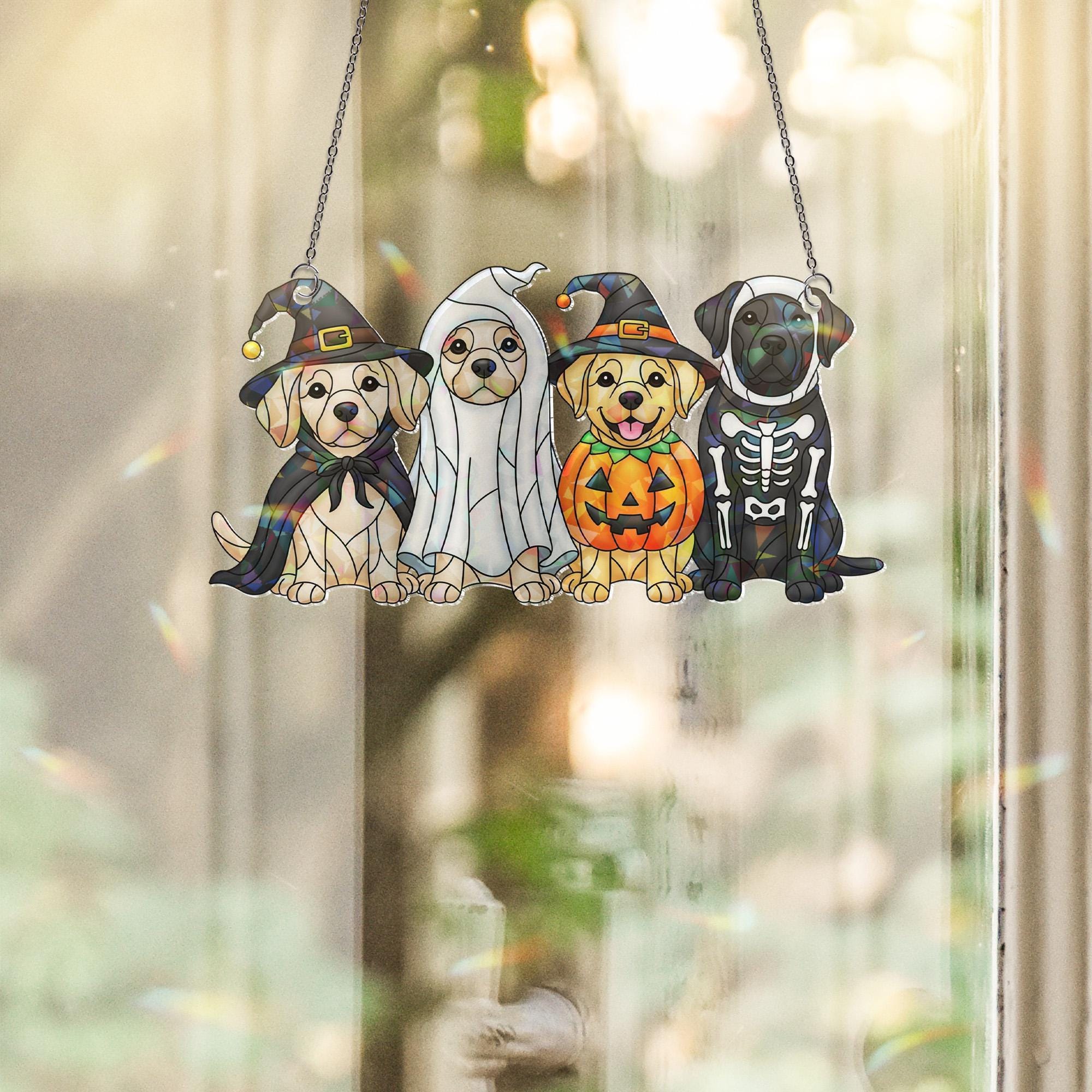Halloween Dog Suncatcher - Cute Puppy Window Hanging - Witch Ghost Pumpkin Skeleton Pet Decor - Fall Dog Lover Gift