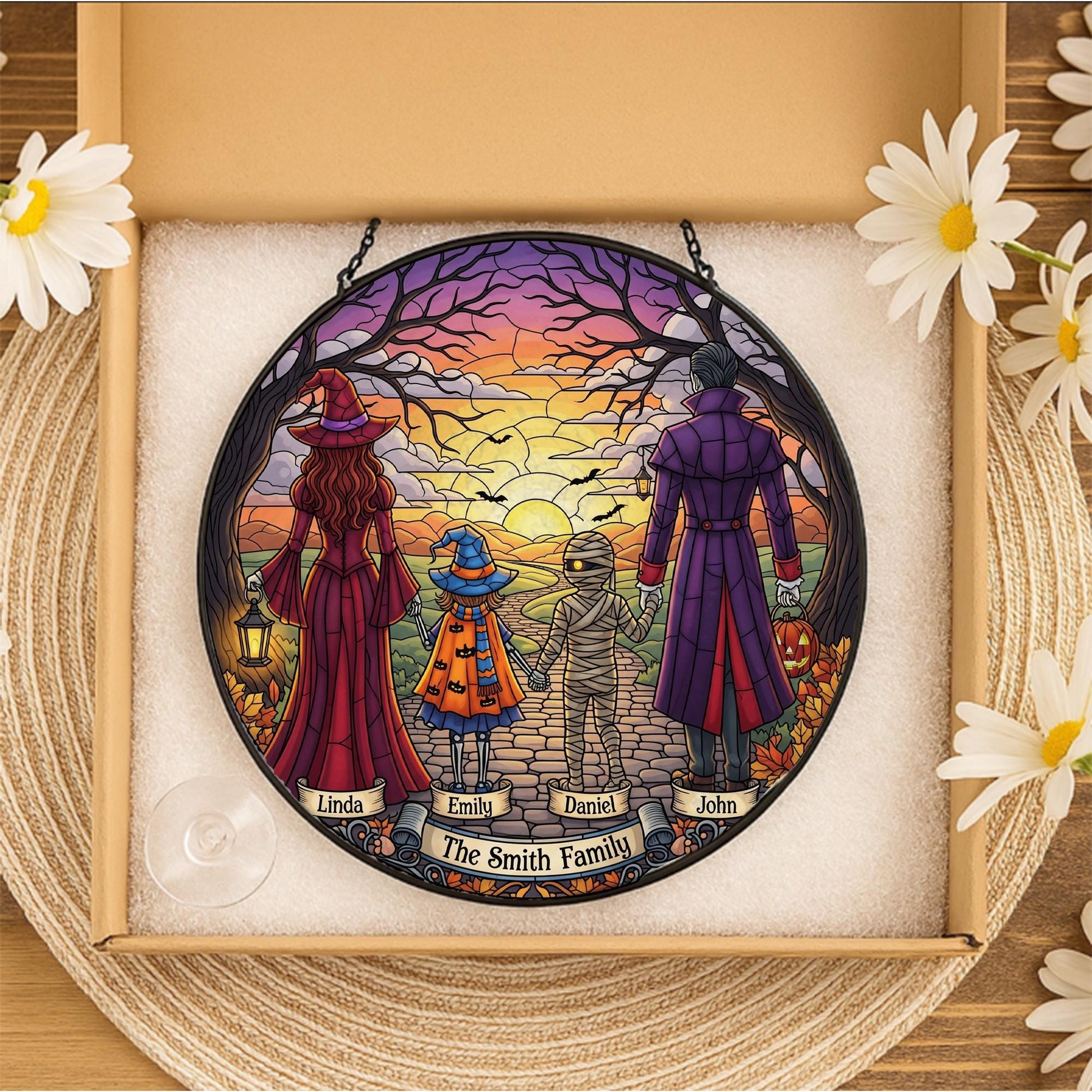 Personalized Halloween Family Suncatcher – Custom Fall Window Hanging – Witch Mummy Dracula Decor – Sunset Trick or Treat Gift