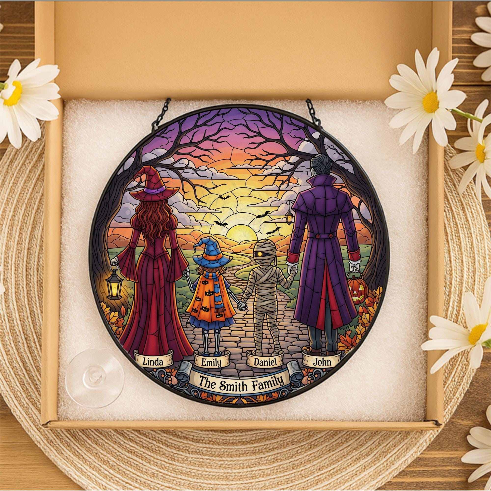 Personalized Halloween Family Suncatcher – Custom Fall Window Hanging – Witch Mummy Dracula Decor – Sunset Trick or Treat Gift