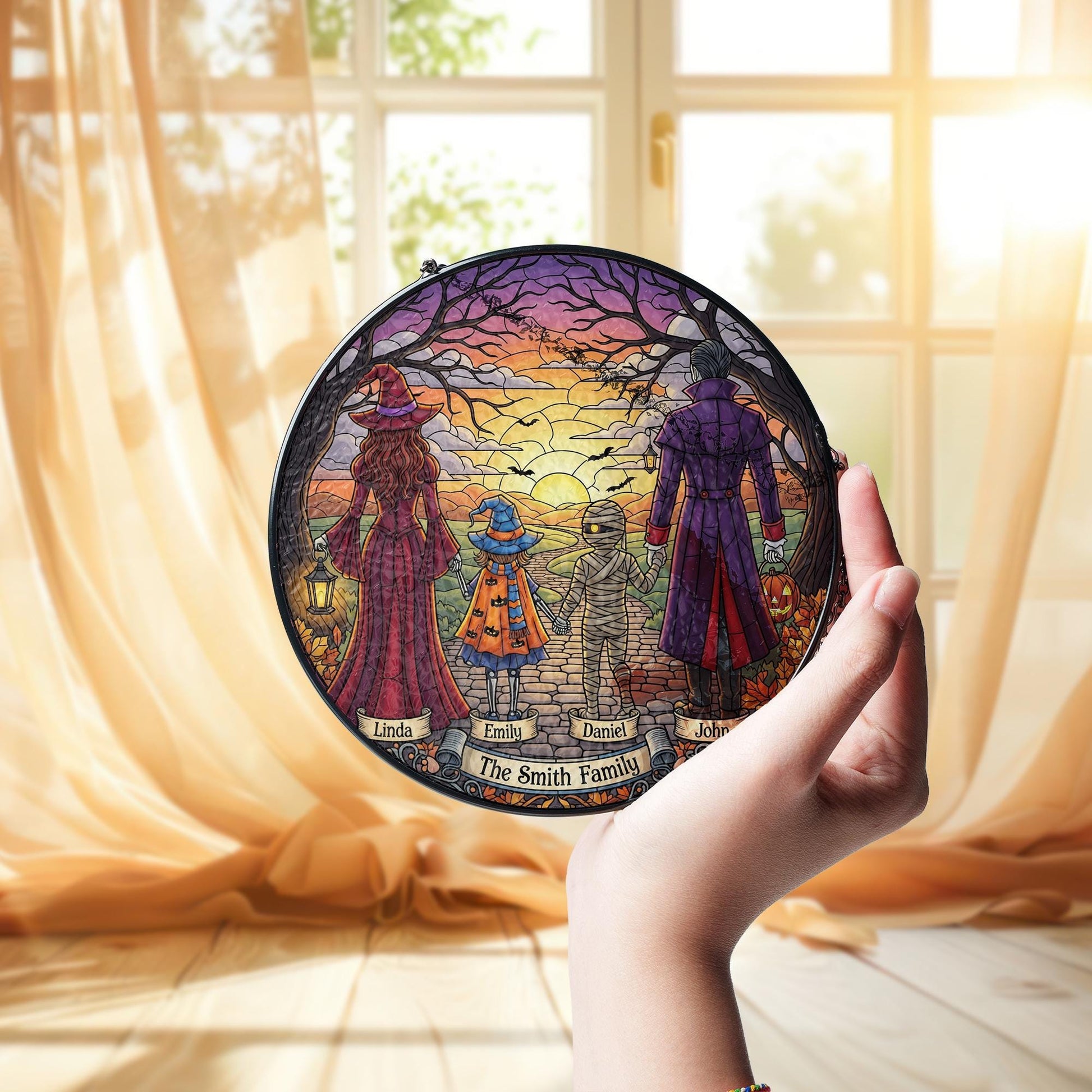 Personalized Halloween Family Suncatcher – Custom Fall Window Hanging – Witch Mummy Dracula Decor – Sunset Trick or Treat Gift