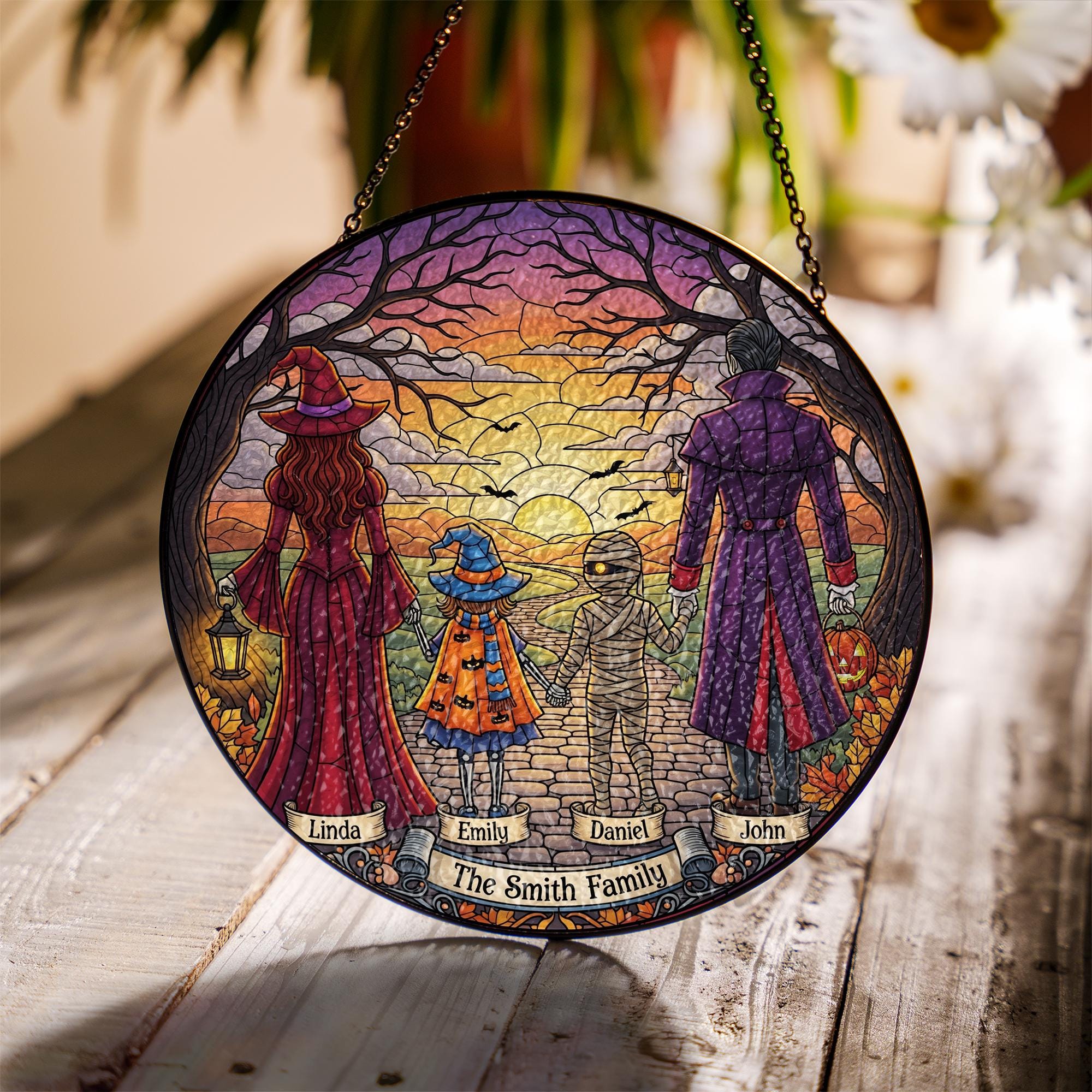 Personalized Halloween Family Suncatcher – Custom Fall Window Hanging – Witch Mummy Dracula Decor – Sunset Trick or Treat Gift