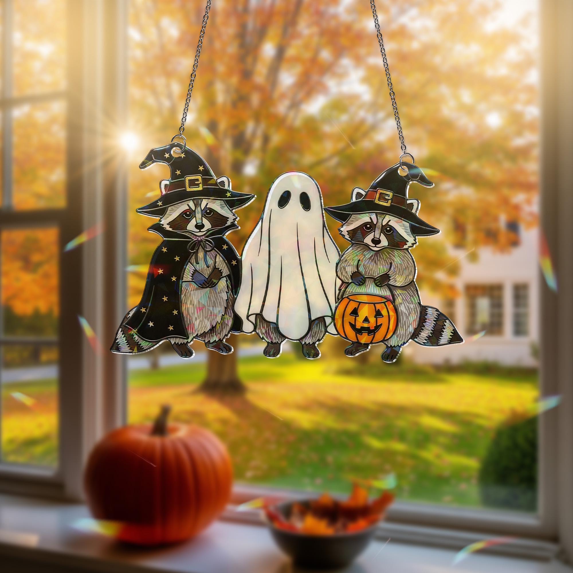 Halloween Raccoon Ghost Hologram Ornament – Cute Spooky ACRYLIC Window Hanging Decoration for Fall, Witchy Animal Decor, Trick or Treat Gift