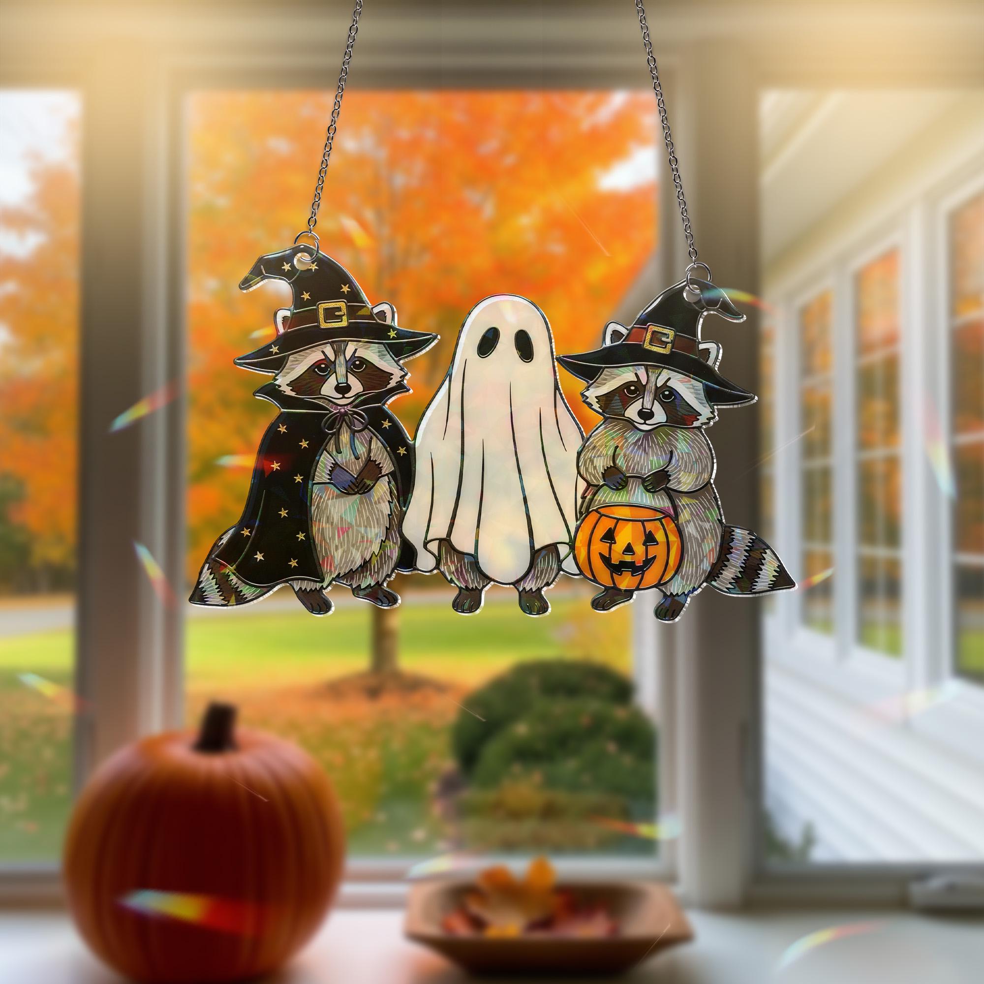 Halloween Raccoon Ghost Hologram Ornament – Cute Spooky ACRYLIC Window Hanging Decoration for Fall, Witchy Animal Decor, Trick or Treat Gift