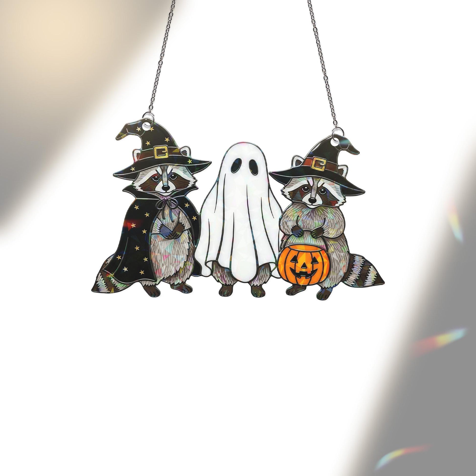 Halloween Raccoon Ghost Hologram Ornament – Cute Spooky ACRYLIC Window Hanging Decoration for Fall, Witchy Animal Decor, Trick or Treat Gift