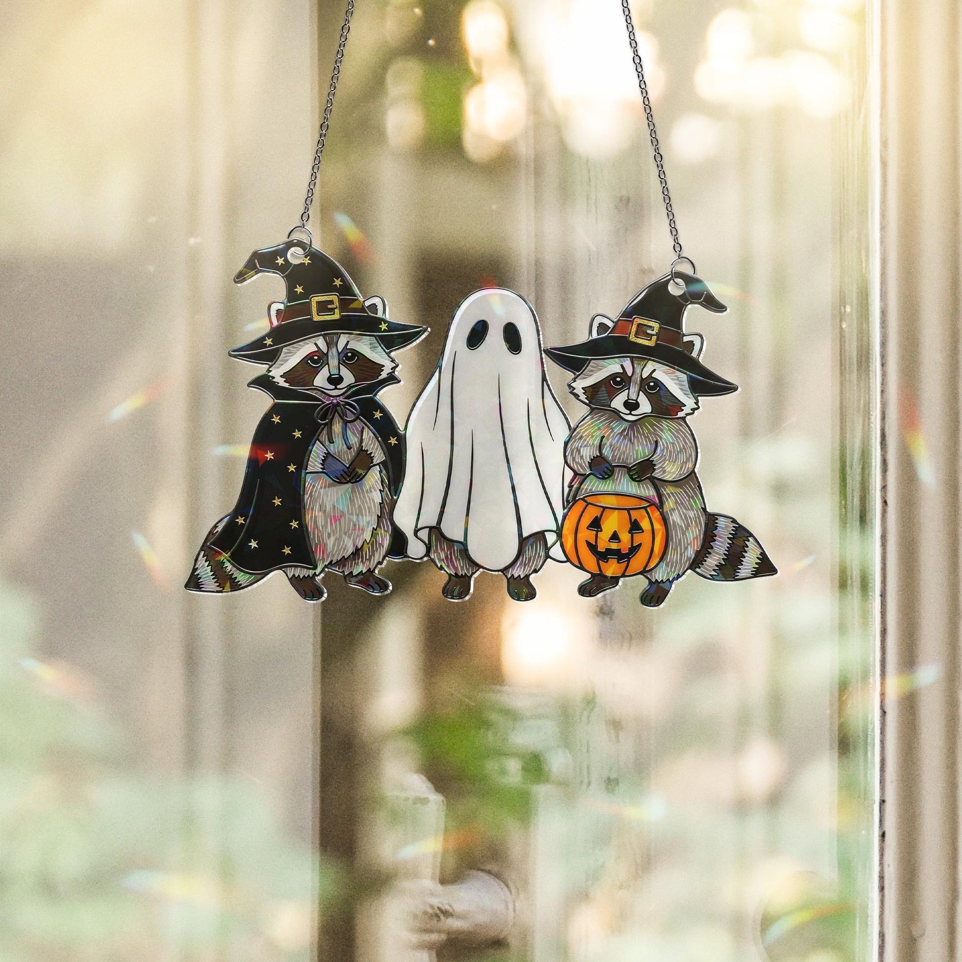 Halloween Raccoon Ghost Hologram Ornament – Cute Spooky ACRYLIC Window Hanging Decoration for Fall, Witchy Animal Decor, Trick or Treat Gift