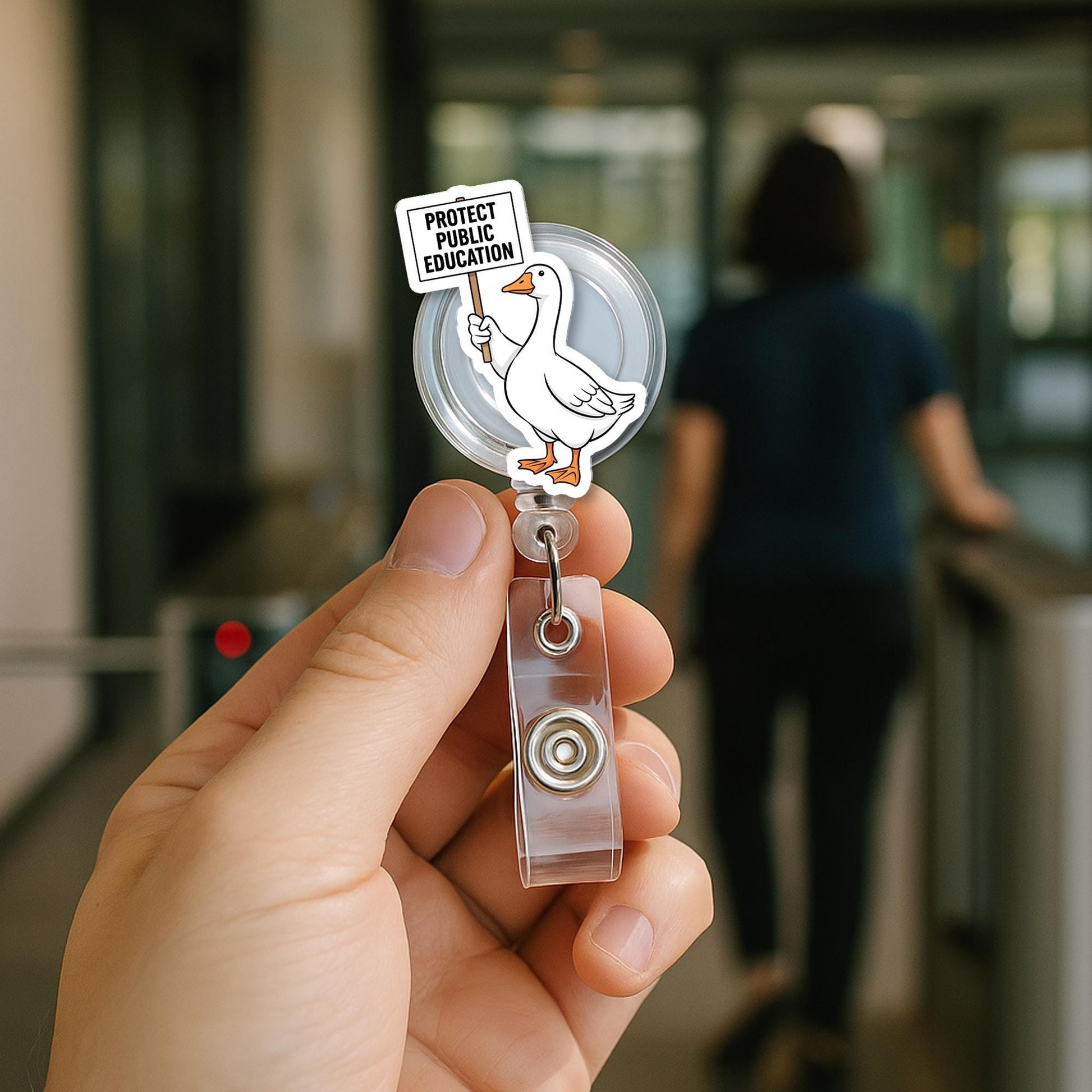 Protect Public Education Goose Badge Reel, Funny Teacher ID Holder, Cute Clip for Educators, Nurses, or Staff Gifts, Teachers, School Supply