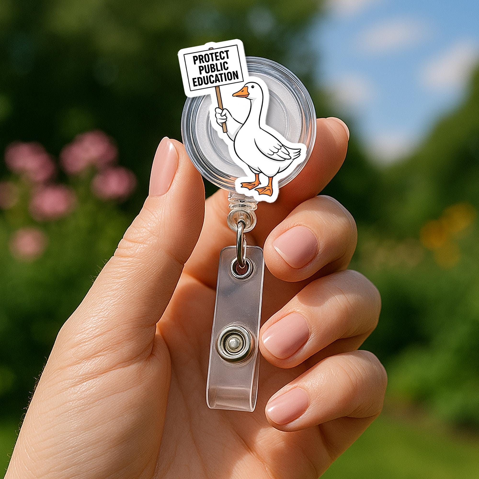 Protect Public Education Goose Badge Reel, Funny Teacher ID Holder, Cute Clip for Educators, Nurses, or Staff Gifts, Teachers, School Supply