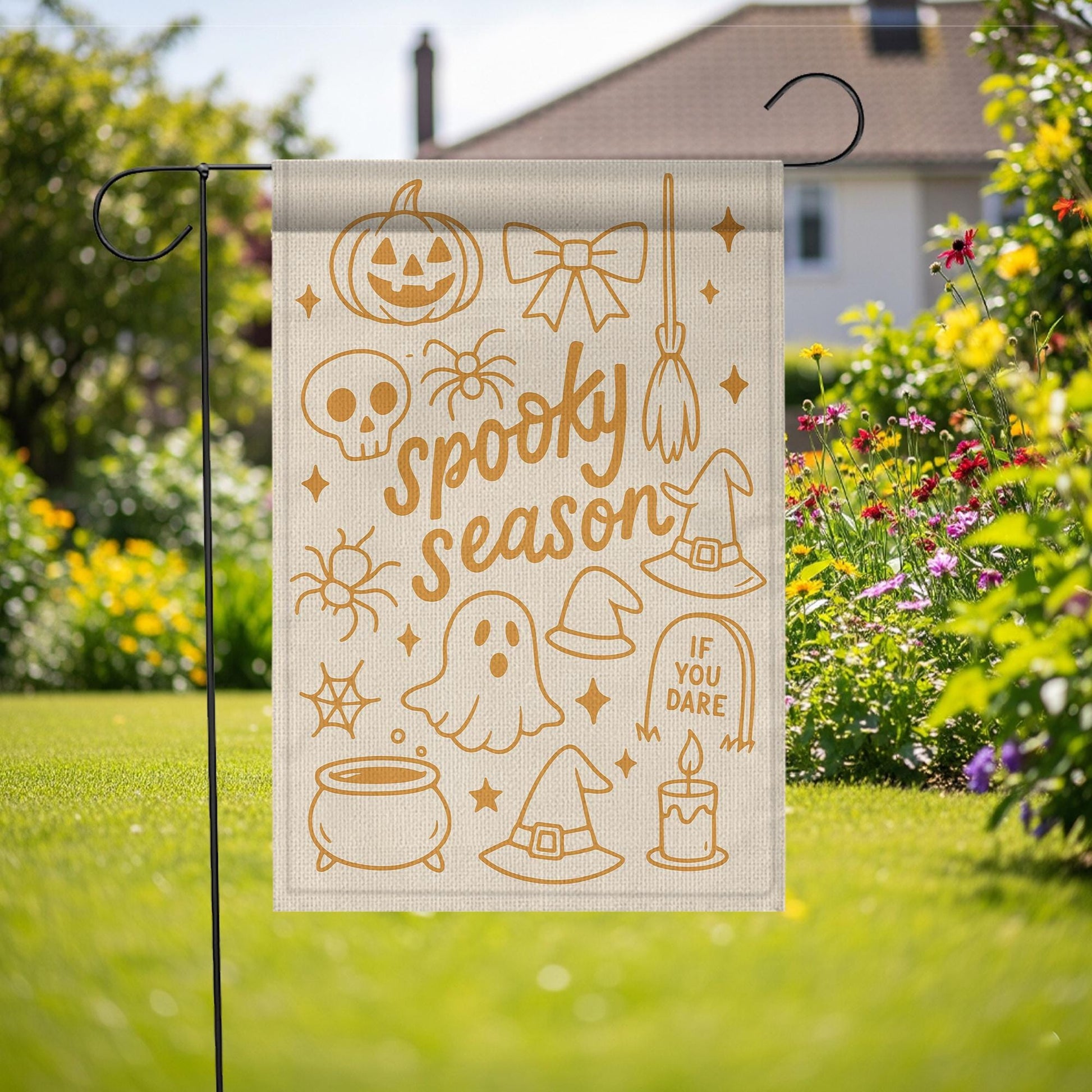 Spooky Season Halloween Garden Flag – Cute Fall Outdoor Yard Decor with Ghost, Witch Hat, and Pumpkin, Funny Seasonal Lawn Sign, Autumn Sign