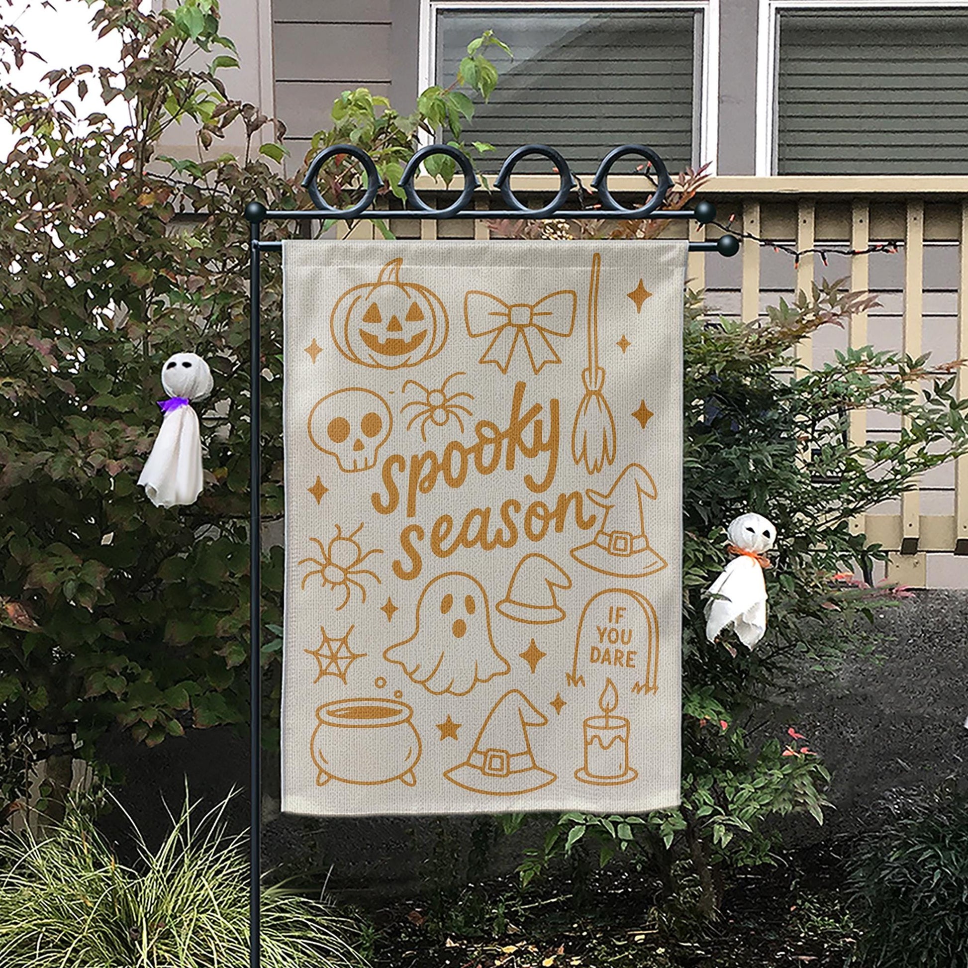 Spooky Season Halloween Garden Flag – Cute Fall Outdoor Yard Decor with Ghost, Witch Hat, and Pumpkin, Funny Seasonal Lawn Sign, Autumn Sign