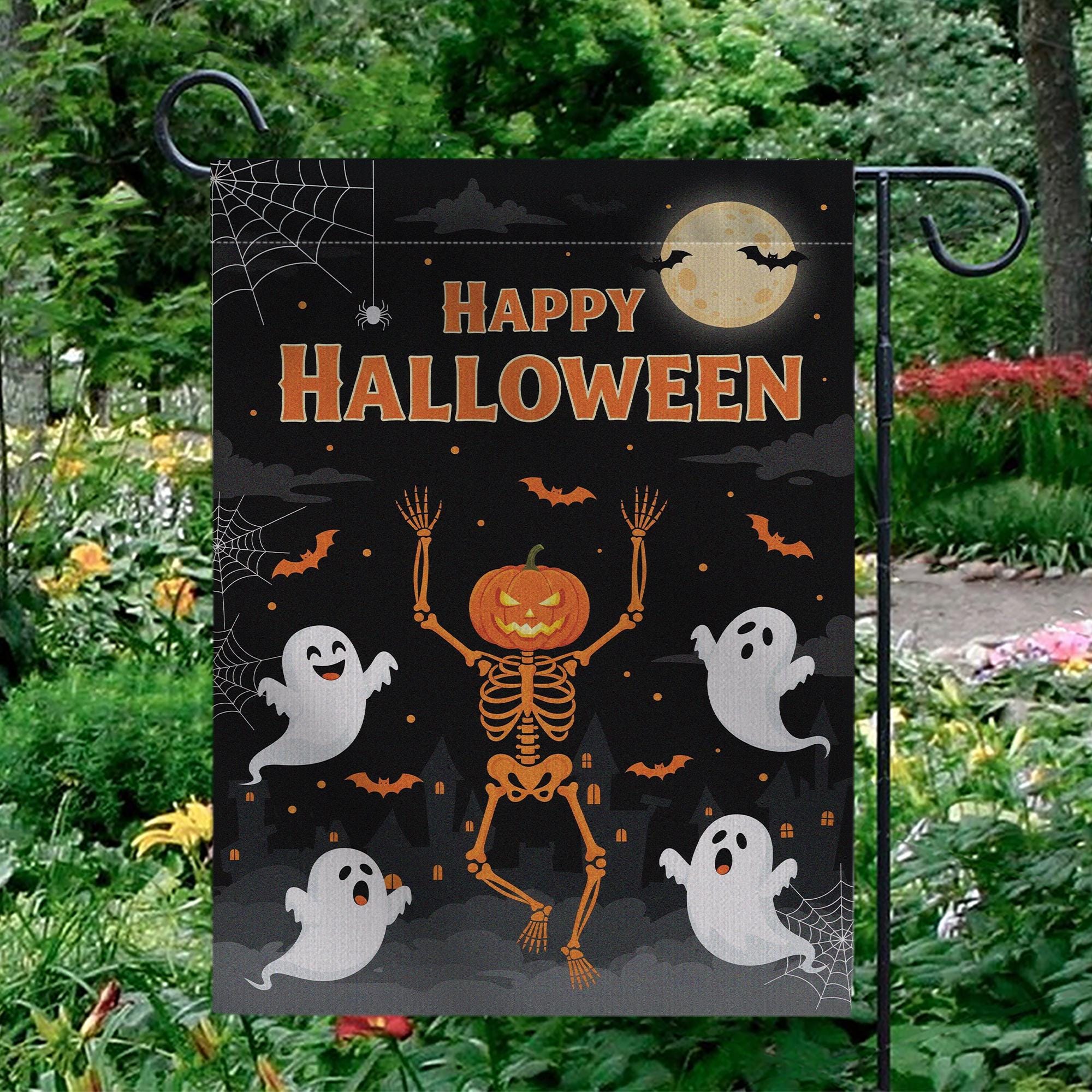 Happy Halloween Garden Flag, Pumpkin Skeleton Outdoor Decor, Ghost Yard Banner, Spooky Fall Welcome Sign, Trick or Treat Flag