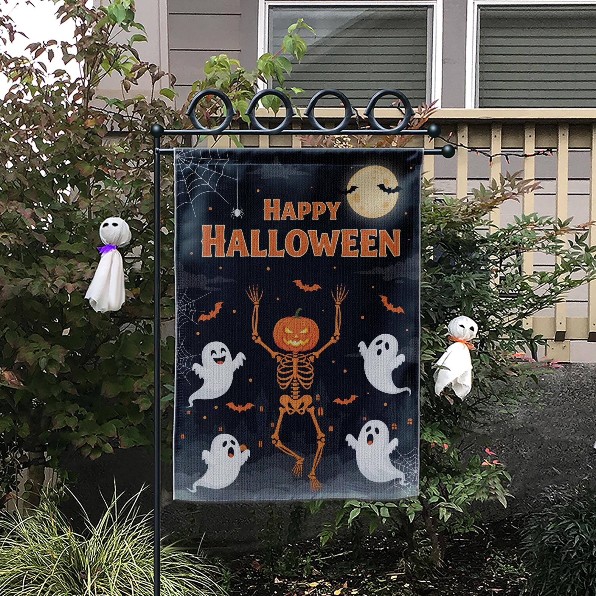 Happy Halloween Garden Flag, Pumpkin Skeleton Outdoor Decor, Ghost Yard Banner, Spooky Fall Welcome Sign, Trick or Treat Flag