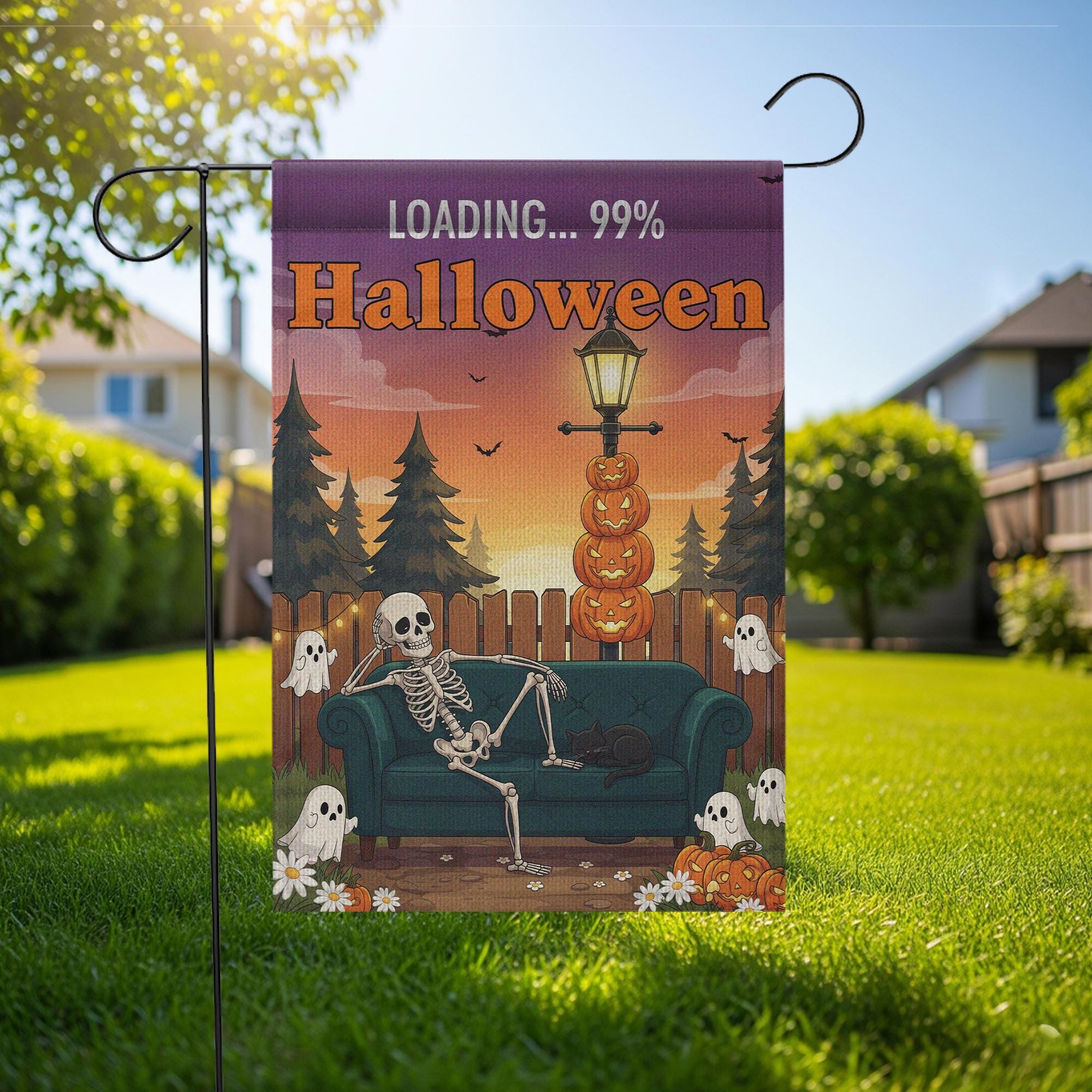 Funny Halloween Garden Flag, Skeleton Couch Yard Sign, Ghost Pumpkin Decor, Loading Halloween Banner, Fall Outdoor Decoration