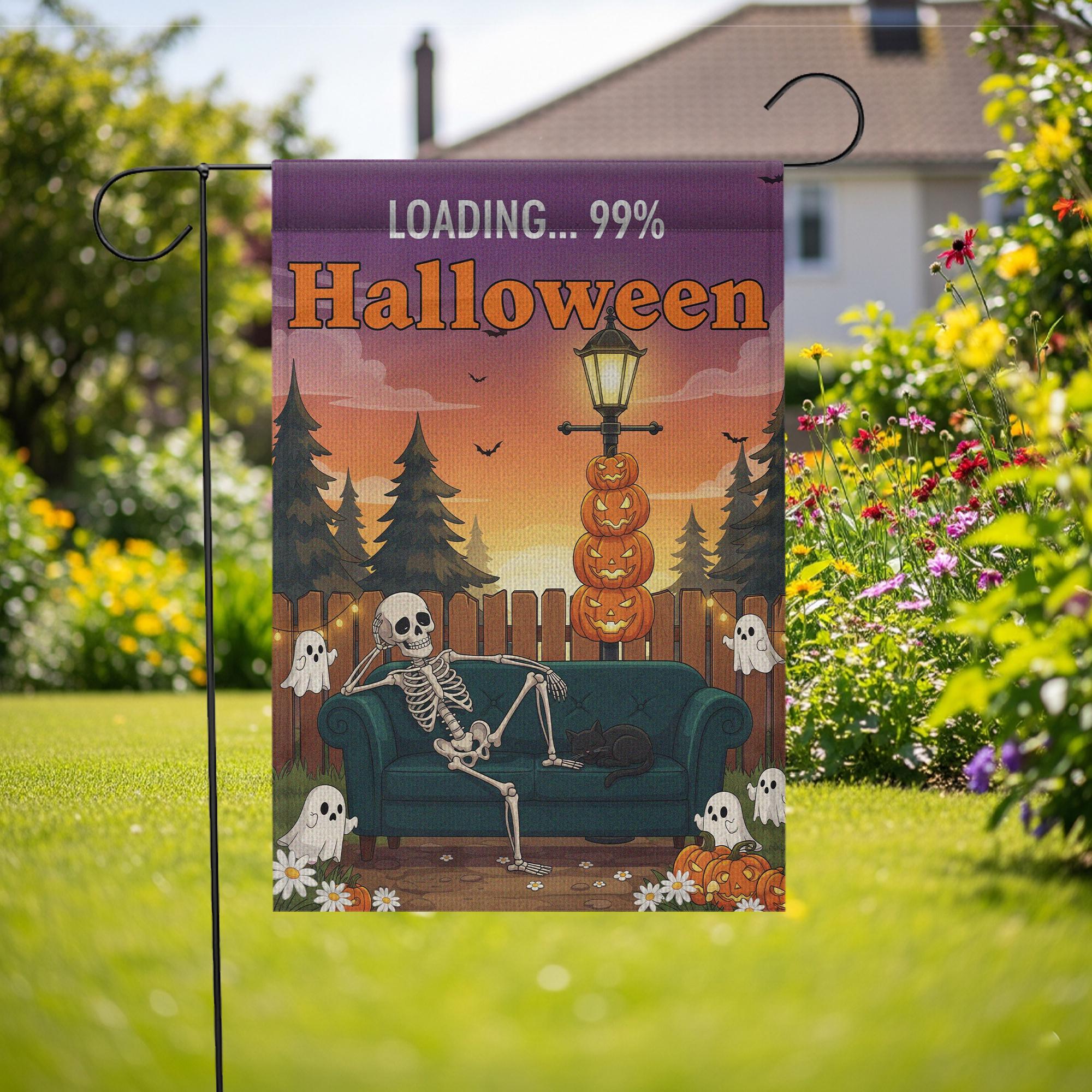 Funny Halloween Garden Flag, Skeleton Couch Yard Sign, Ghost Pumpkin Decor, Loading Halloween Banner, Fall Outdoor Decoration