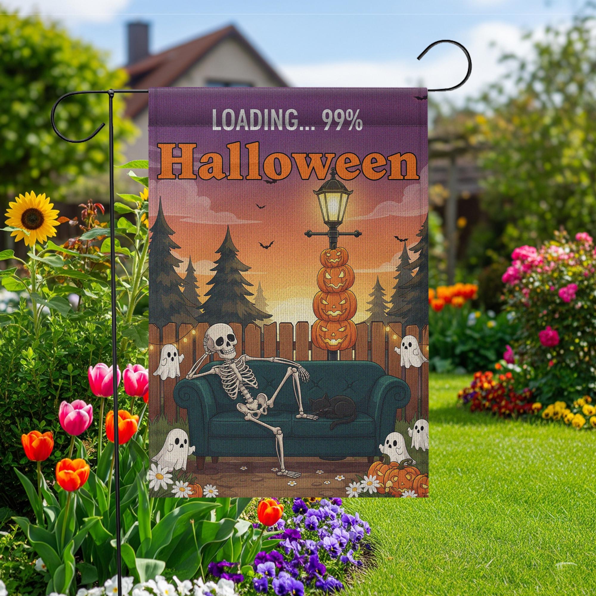 Funny Halloween Garden Flag, Skeleton Couch Yard Sign, Ghost Pumpkin Decor, Loading Halloween Banner, Fall Outdoor Decoration