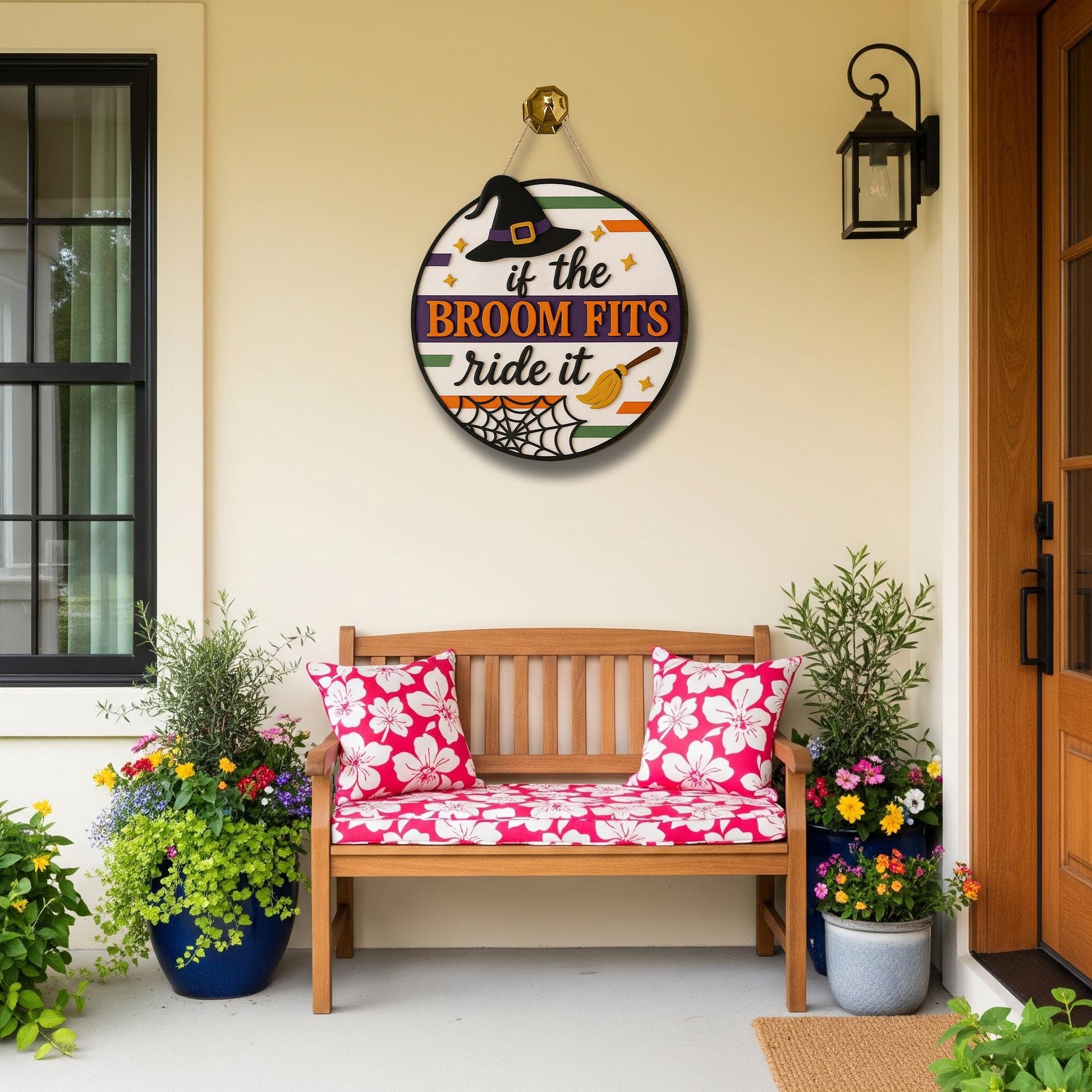 If the Broom Fits Ride It Sign, Funny 3D Halloween Door Decor, Witch Wooden Wall Hanging, Spooky Autumn Porch Decoration