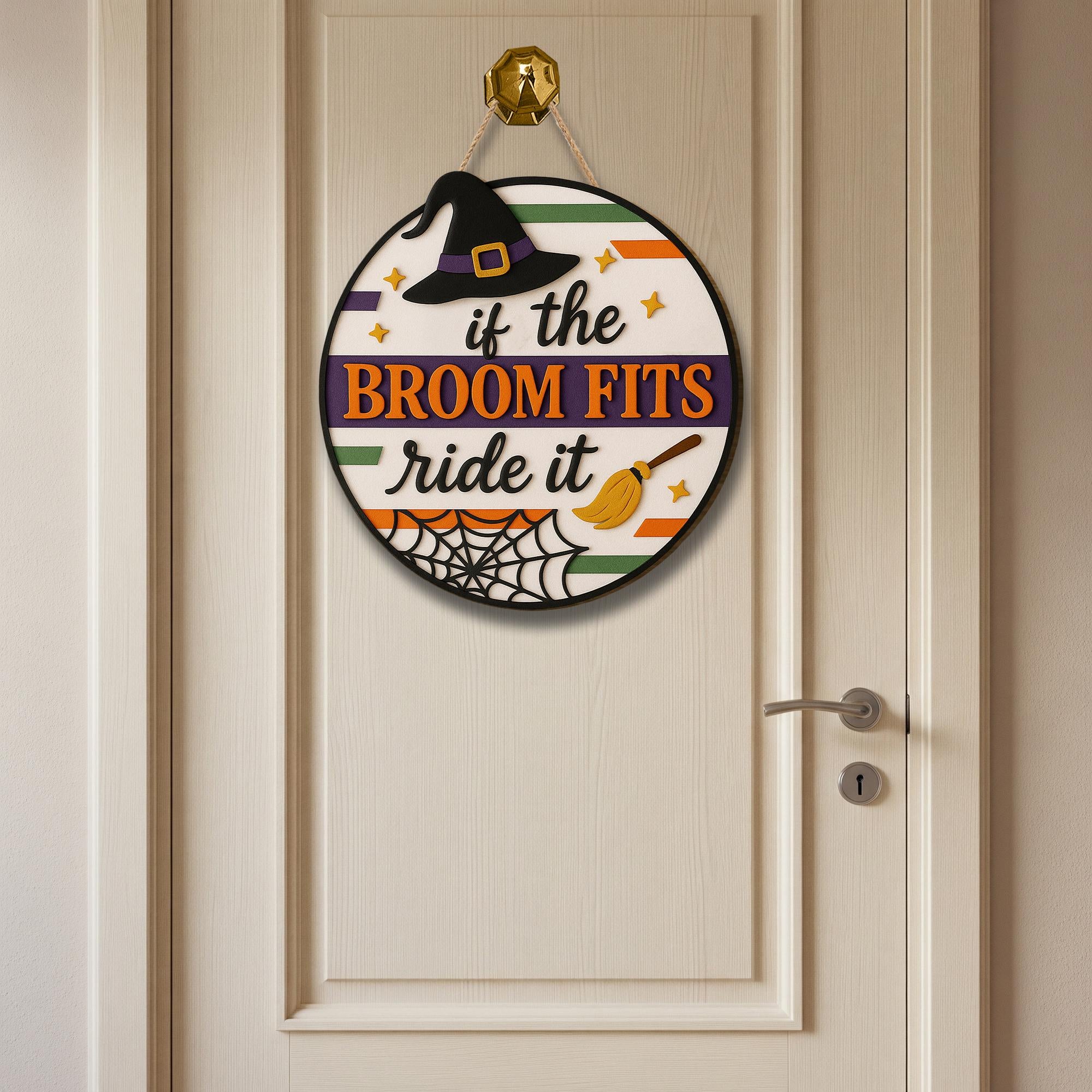 If the Broom Fits Ride It Sign, Funny 3D Halloween Door Decor, Witch Wooden Wall Hanging, Spooky Autumn Porch Decoration