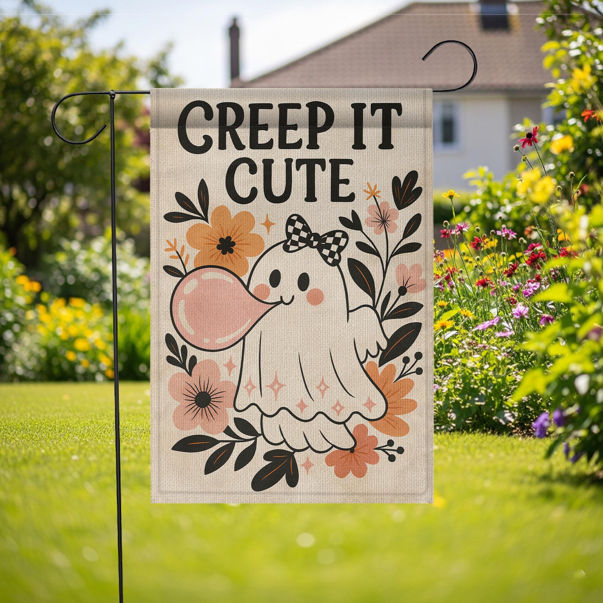 Creep It Cute Halloween Garden Flag – Adorable Ghost with Bow Outdoor Decor, Spooky Sweet Fall Yard Decoration for Trick or Treat, Autumn