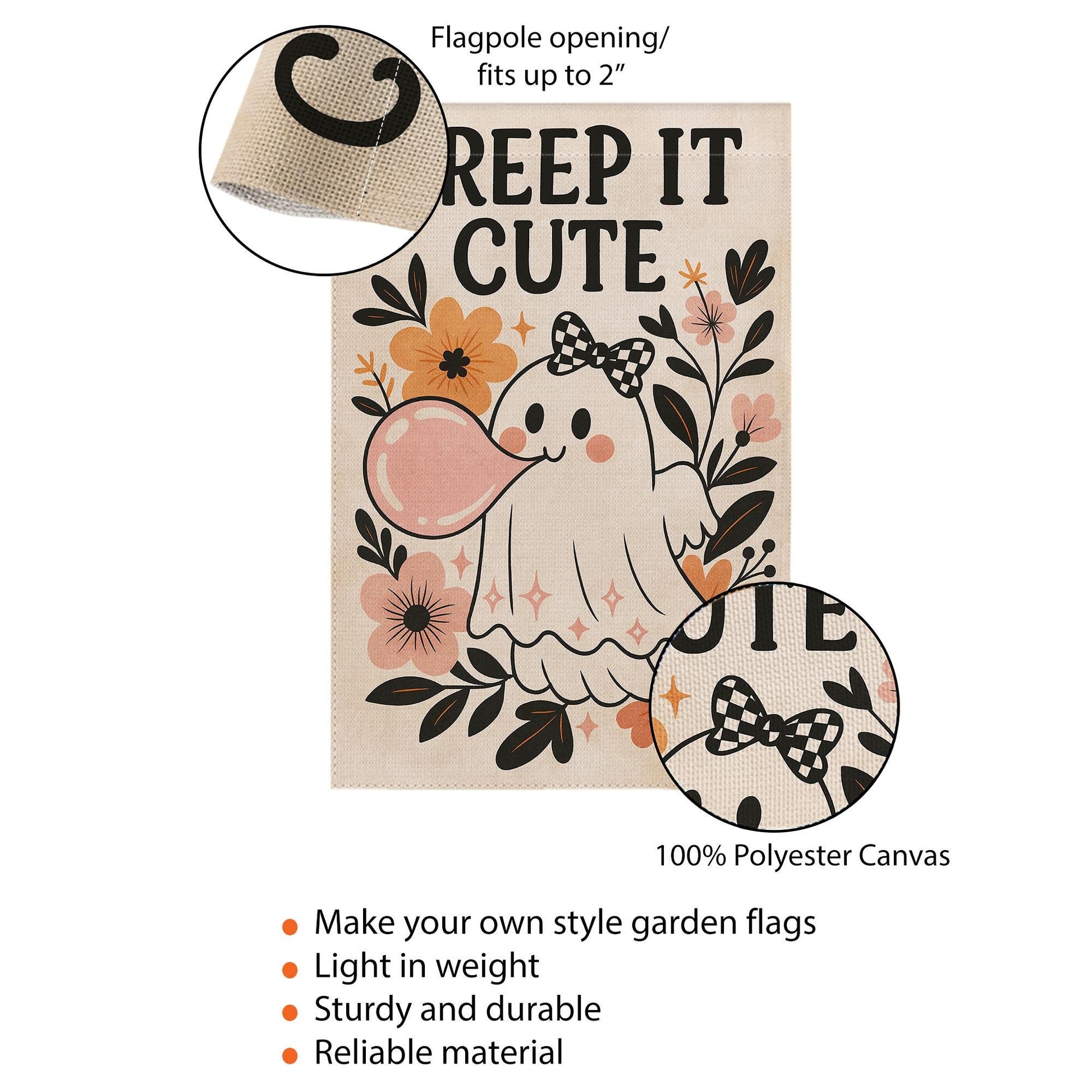 Creep It Cute Halloween Garden Flag – Adorable Ghost with Bow Outdoor Decor, Spooky Sweet Fall Yard Decoration for Trick or Treat, Autumn