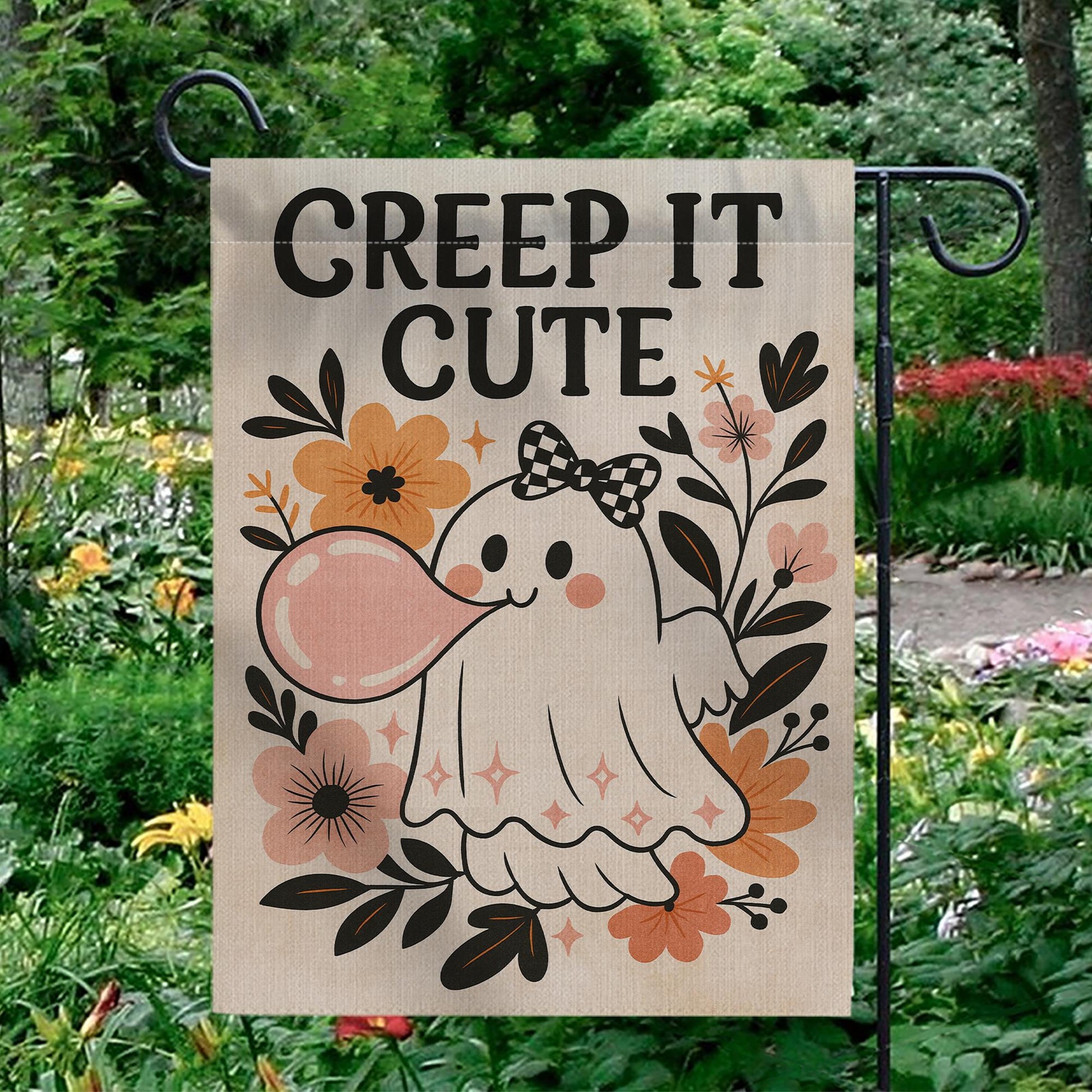 Creep It Cute Halloween Garden Flag – Adorable Ghost with Bow Outdoor Decor, Spooky Sweet Fall Yard Decoration for Trick or Treat, Autumn