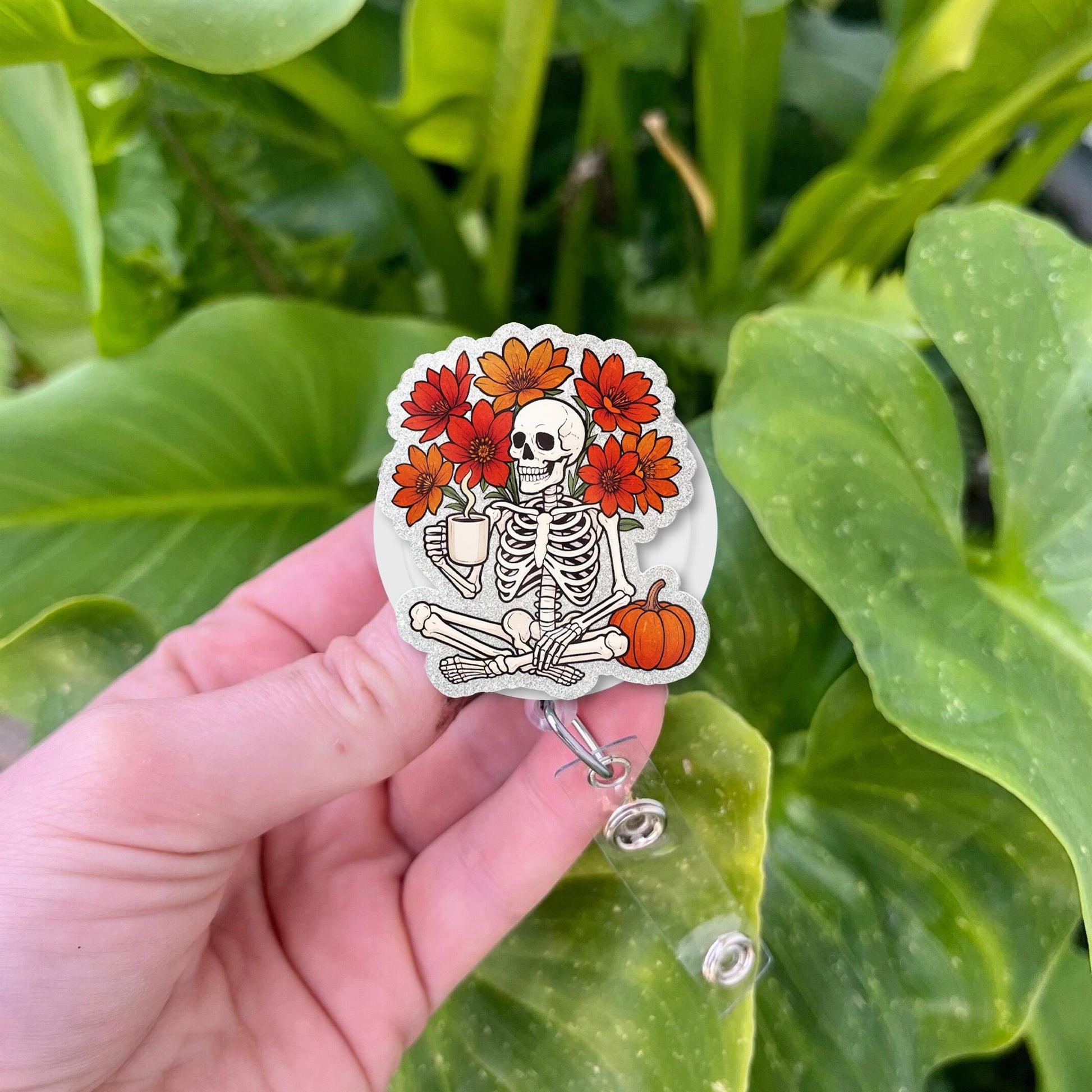 Fall Skeleton Badge Reel, Floral Pumpkin ID Holder, Halloween Nurse Badge Clip, Cute Retractable Lanyard, Autumn Office Accessory