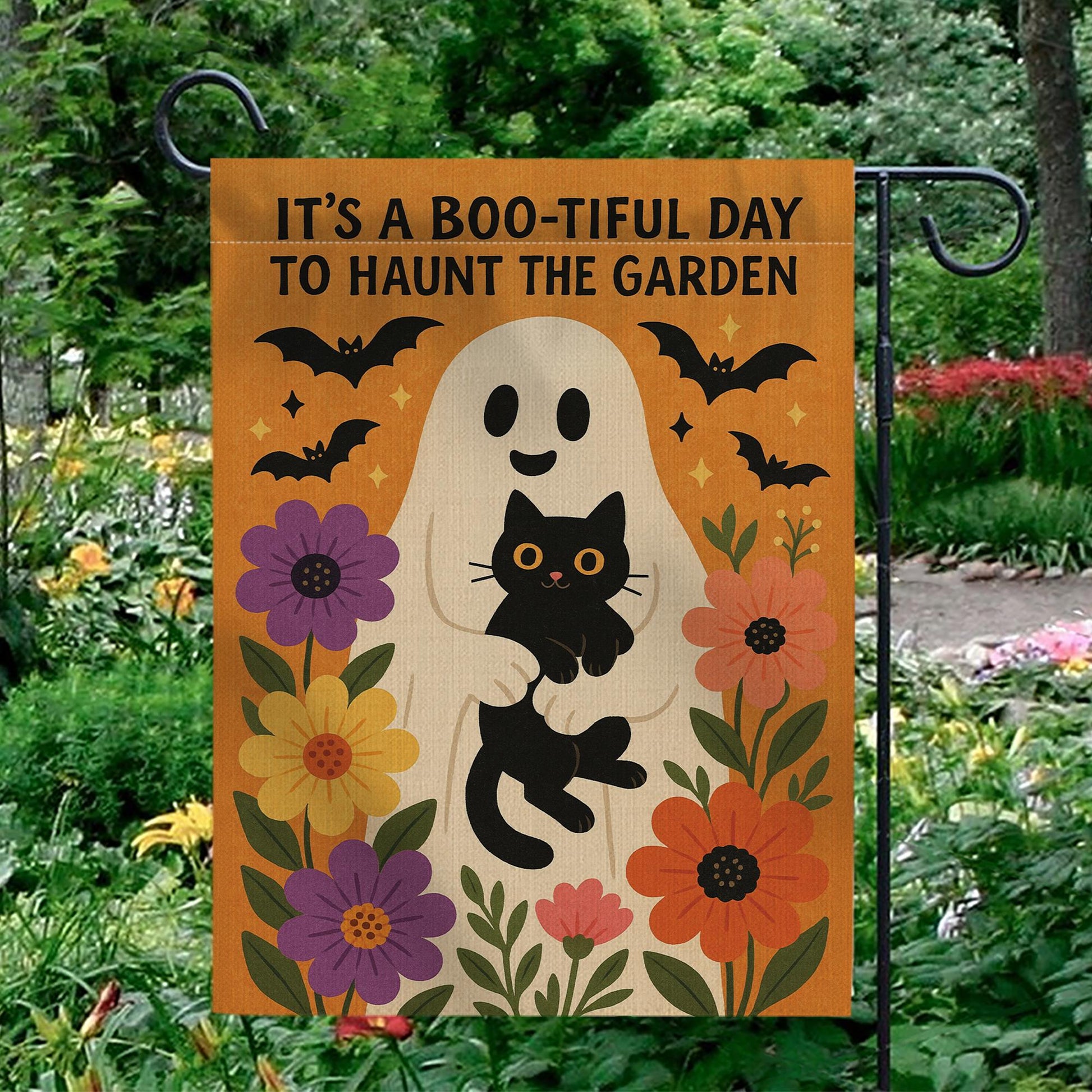 Boo-tiful Day to Haunt the Garden Flag, Halloween Ghost Cat Yard Decor, Fall Floral Outdoor Sign, Spooky Cute Garden Banner
