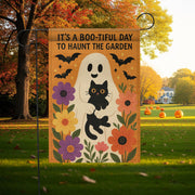 Boo-tiful Day to Haunt the Garden Flag, Halloween Ghost Cat Yard Decor, Fall Floral Outdoor Sign, Spooky Cute Garden Banner