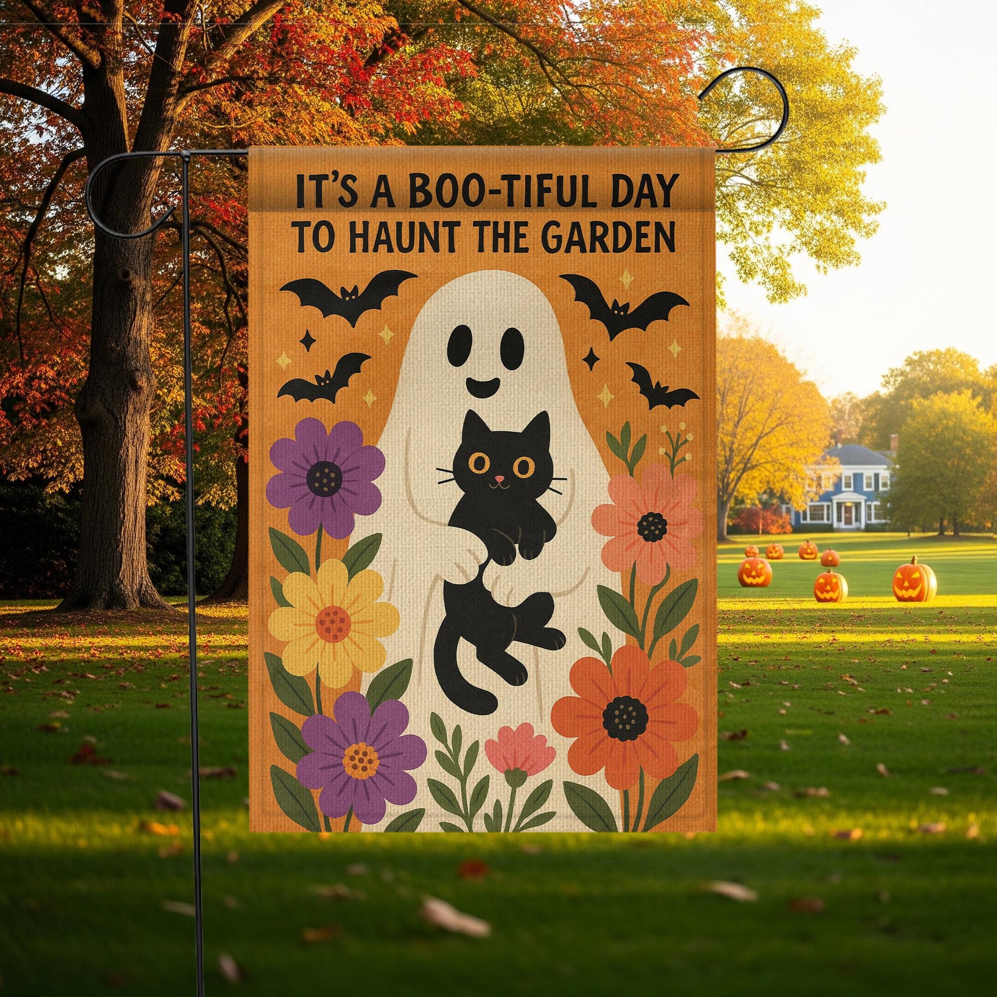 Boo-tiful Day to Haunt the Garden Flag, Halloween Ghost Cat Yard Decor, Fall Floral Outdoor Sign, Spooky Cute Garden Banner