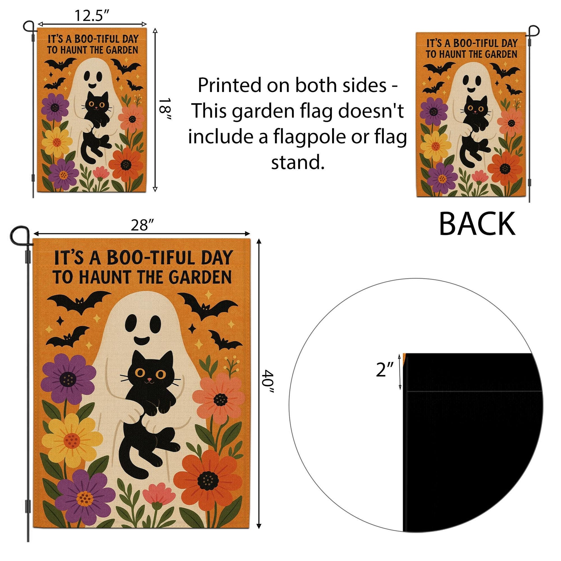 Boo-tiful Day to Haunt the Garden Flag, Halloween Ghost Cat Yard Decor, Fall Floral Outdoor Sign, Spooky Cute Garden Banner