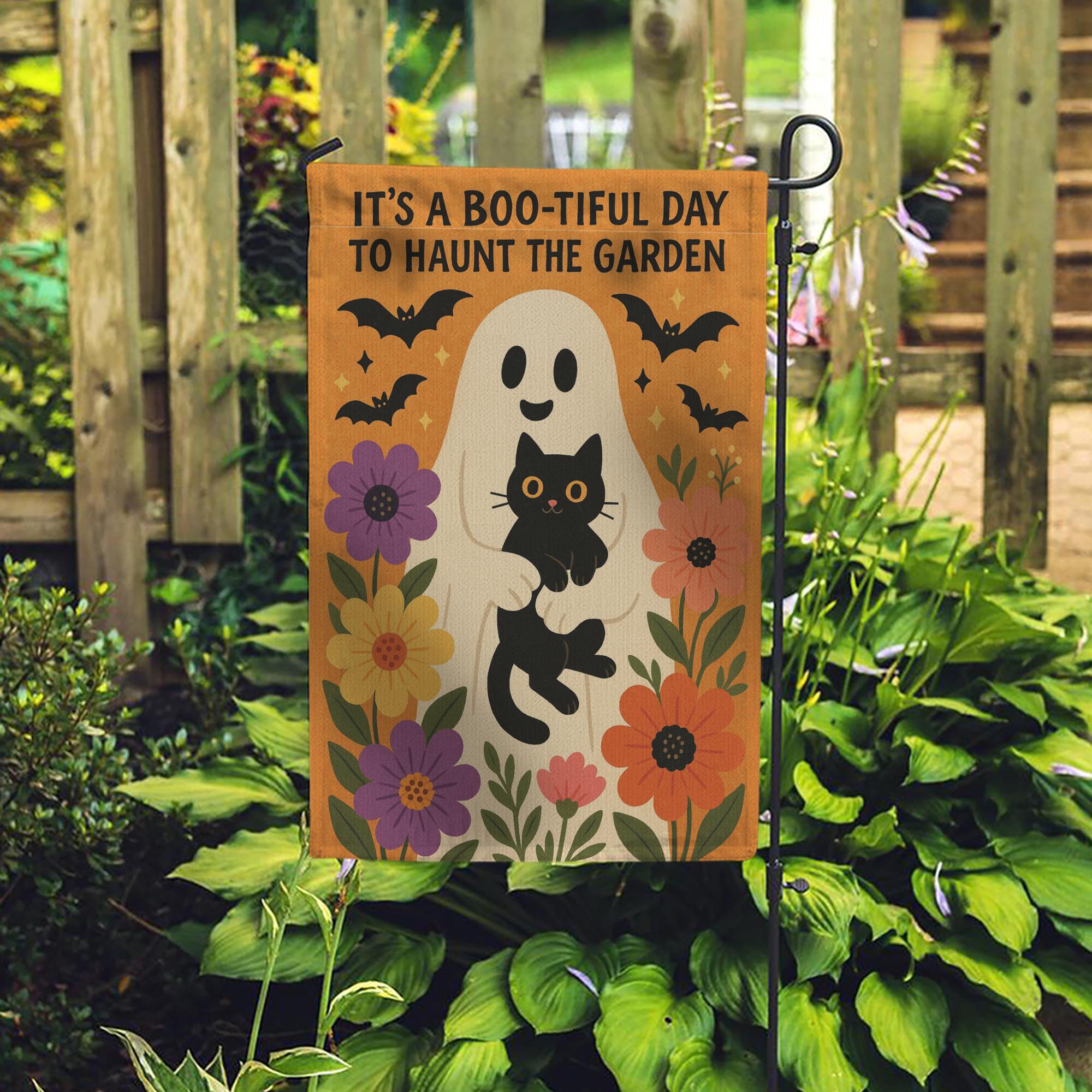 Boo-tiful Day to Haunt the Garden Flag, Halloween Ghost Cat Yard Decor, Fall Floral Outdoor Sign, Spooky Cute Garden Banner