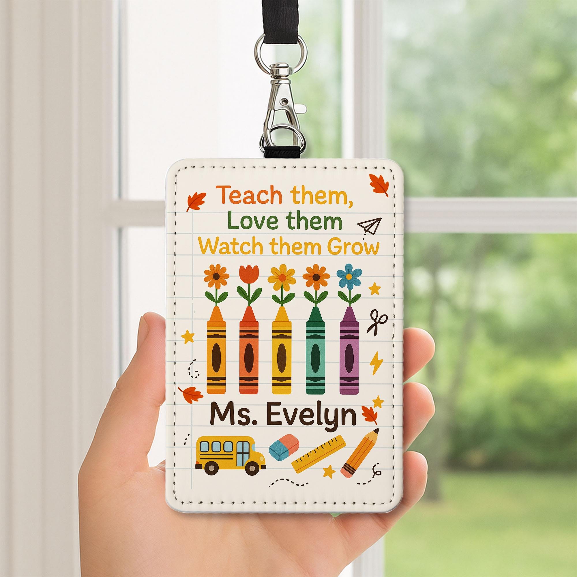Personalized Teacher Badge Holder, Crayon Floral ID Card Case, Back to School Gift, Custom Name Tag, Cute Classroom Accessory, Cute badge