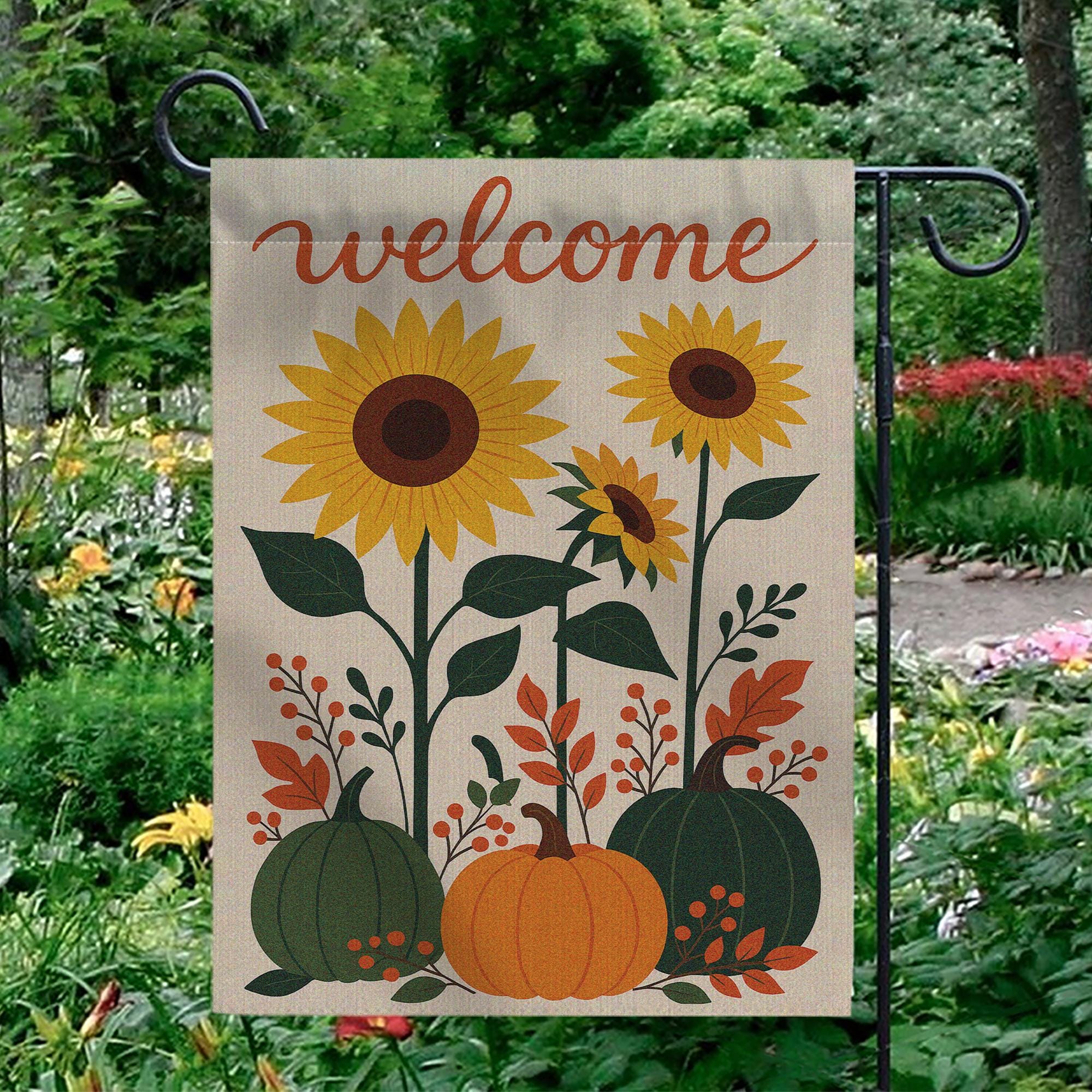 Sunflower Pumpkin Garden Flag, Fall Welcome Yard Banner, Rustic Autumn Outdoor Decor, Seasonal Floral House Flag, Harvest Porch Sign