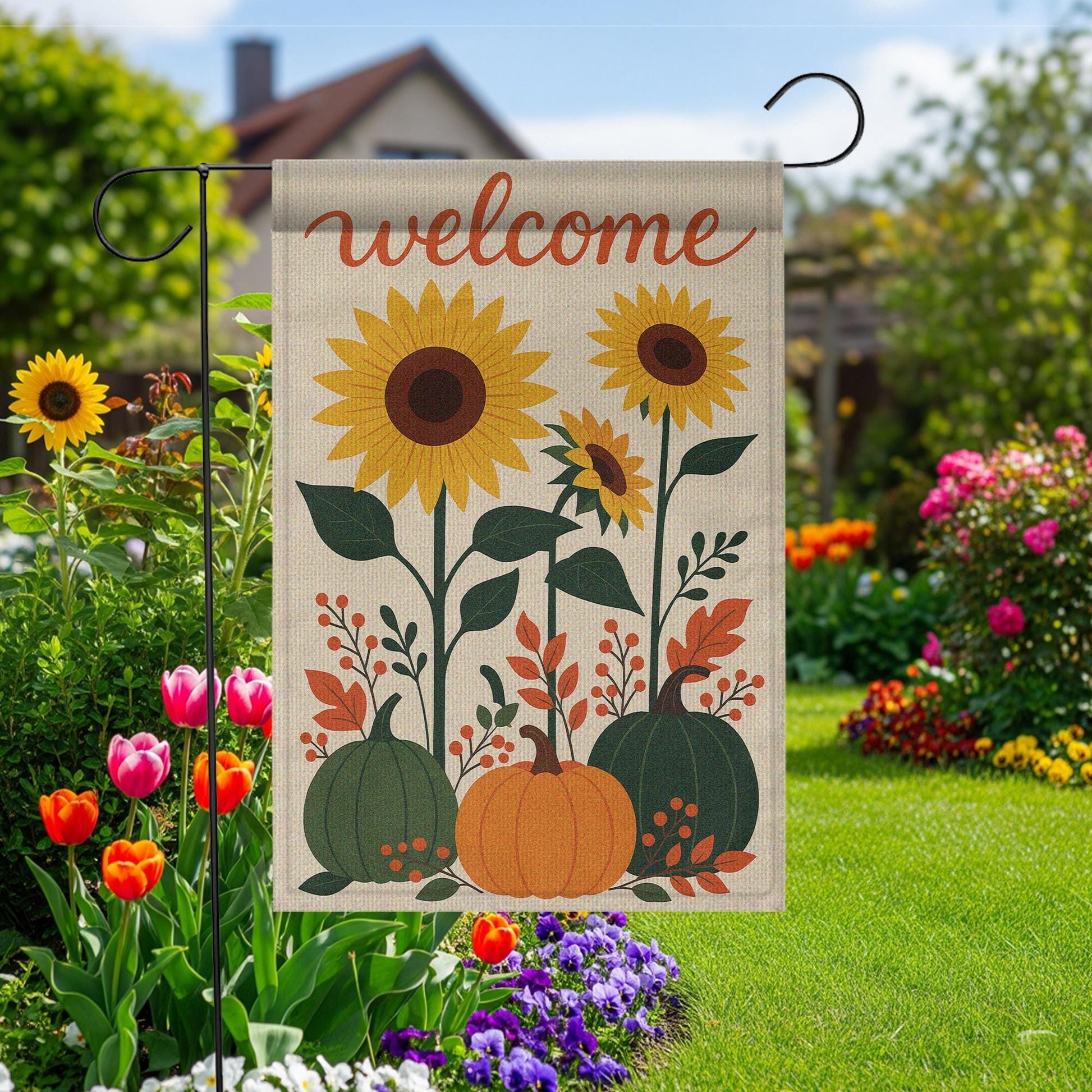 Sunflower Pumpkin Garden Flag, Fall Welcome Yard Banner, Rustic Autumn Outdoor Decor, Seasonal Floral House Flag, Harvest Porch Sign