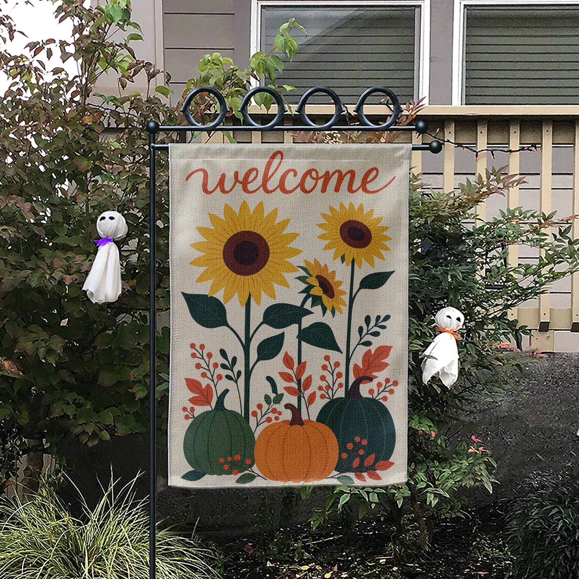 Sunflower Pumpkin Garden Flag, Fall Welcome Yard Banner, Rustic Autumn Outdoor Decor, Seasonal Floral House Flag, Harvest Porch Sign
