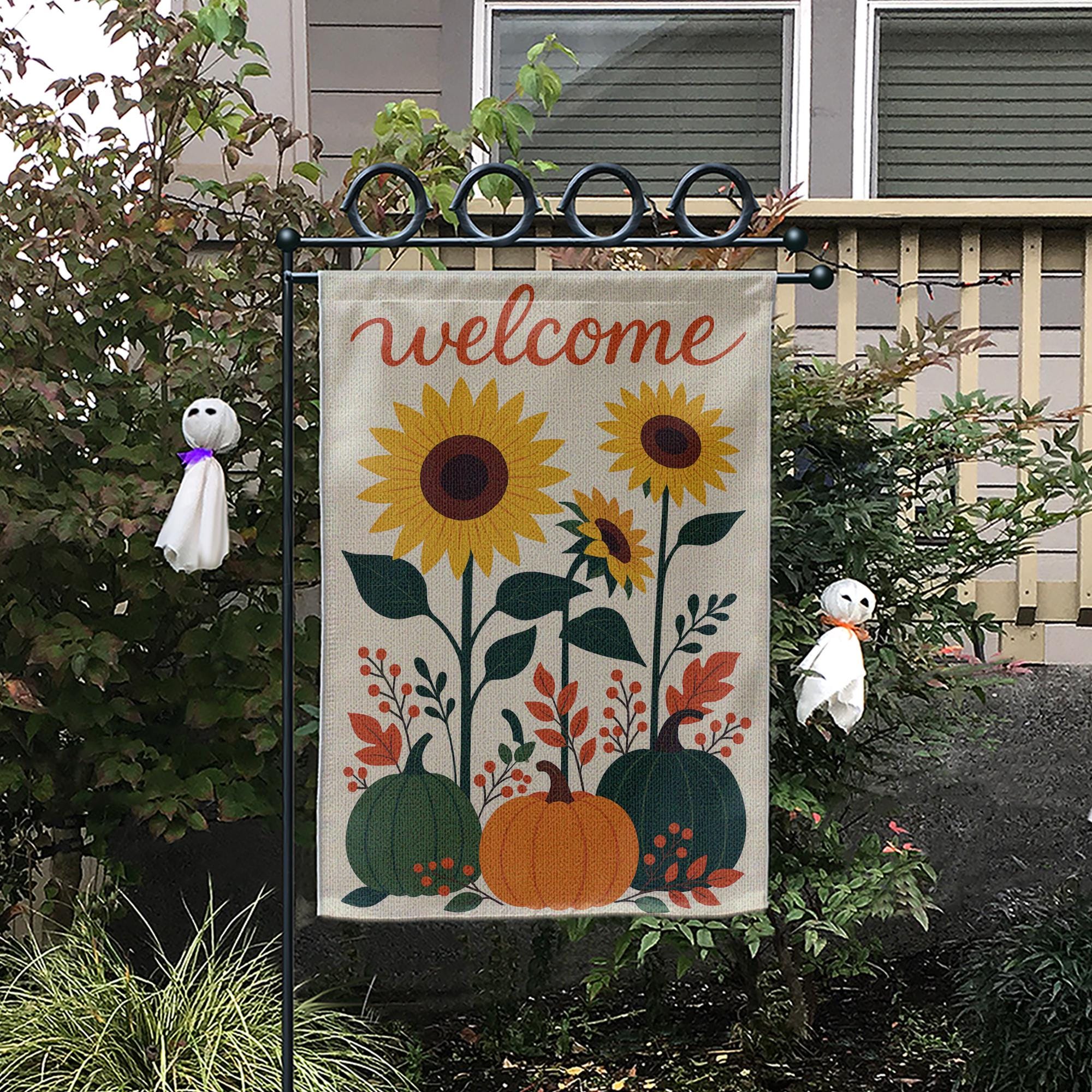 Sunflower Pumpkin Garden Flag, Fall Welcome Yard Banner, Rustic Autumn Outdoor Decor, Seasonal Floral House Flag, Harvest Porch Sign