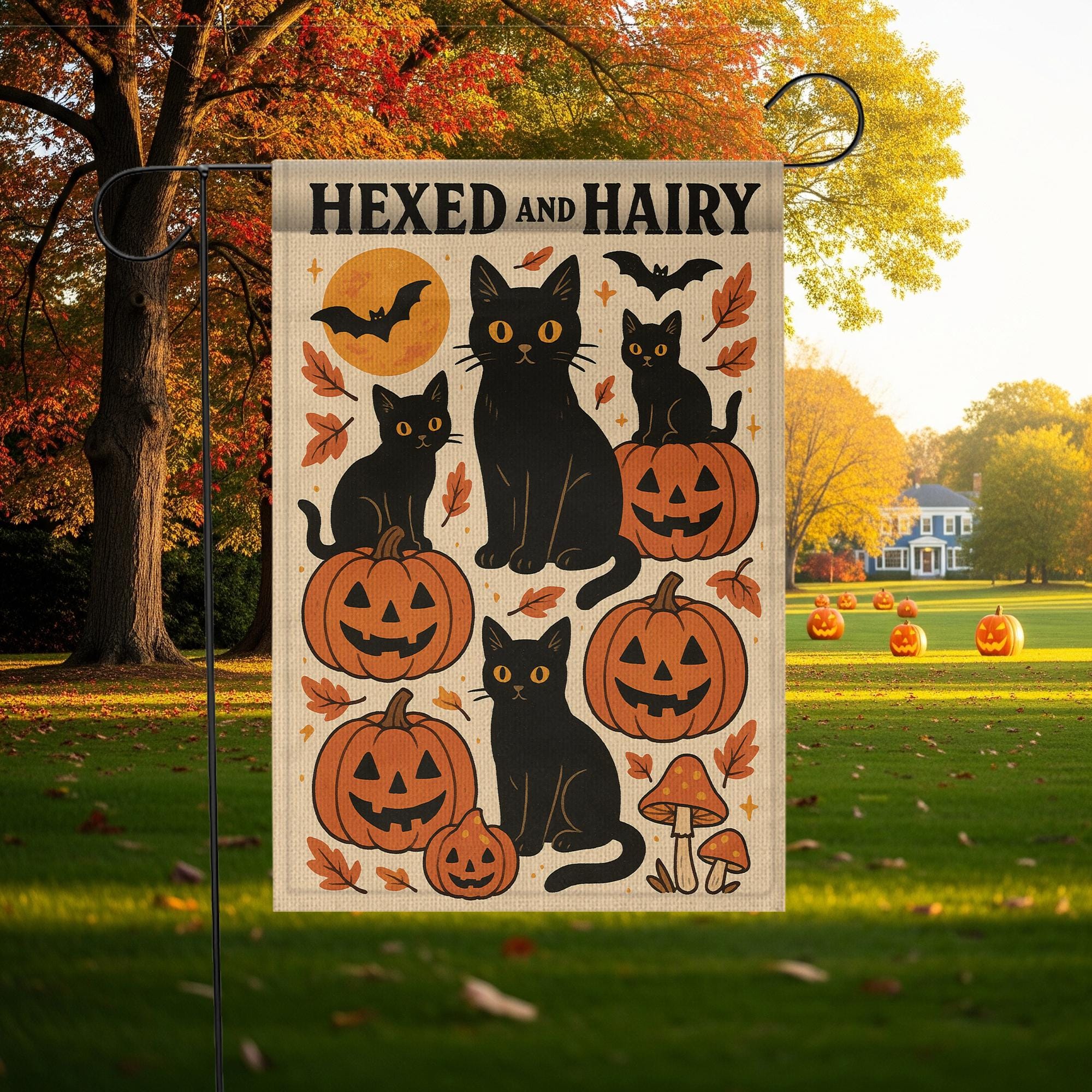 Hexed and Hairy Garden Flag, Halloween Black Cat and Pumpkin Yard Decor, Funny Fall Outdoor Banner, Spooky Cute Porch Flag