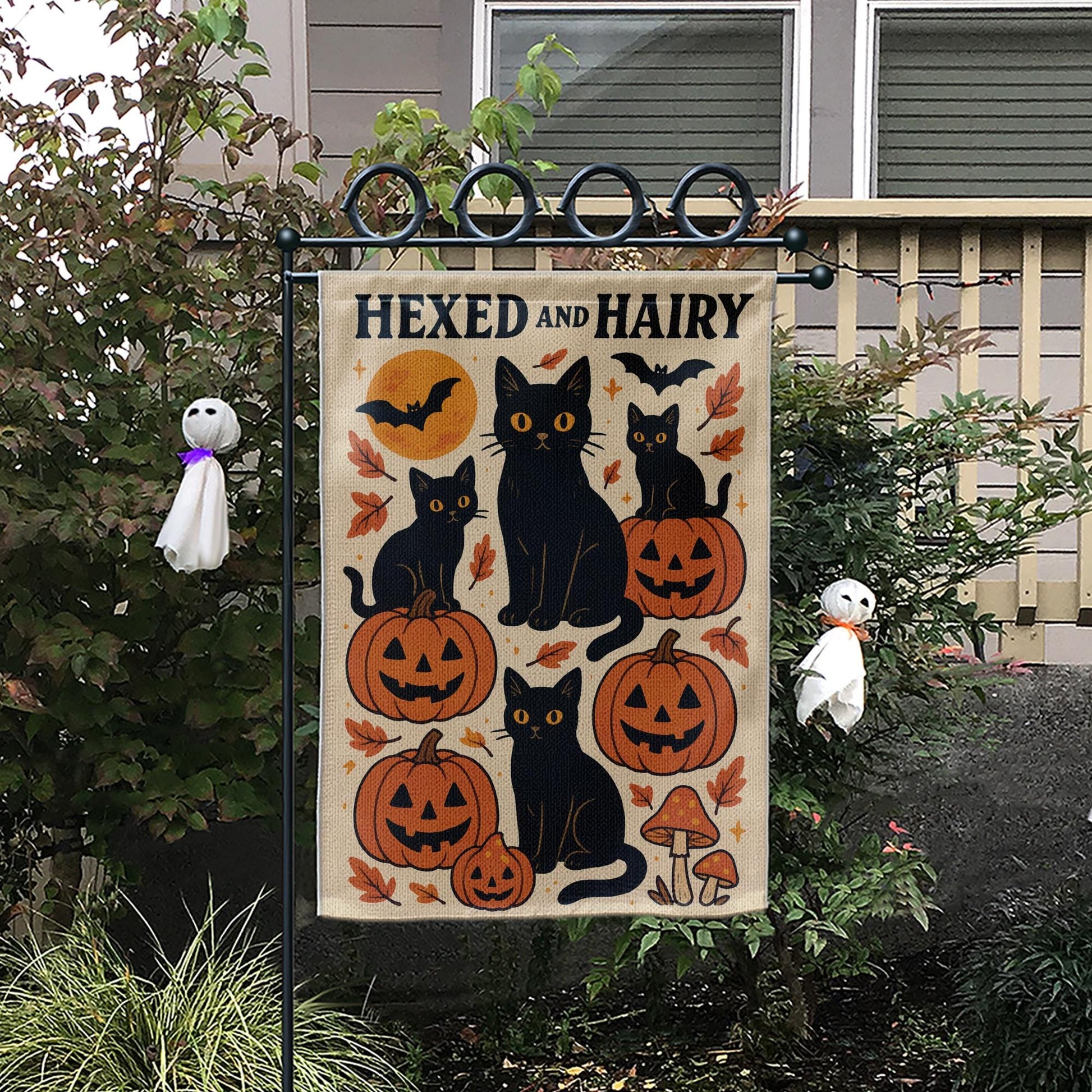 Hexed and Hairy Garden Flag, Halloween Black Cat and Pumpkin Yard Decor, Funny Fall Outdoor Banner, Spooky Cute Porch Flag