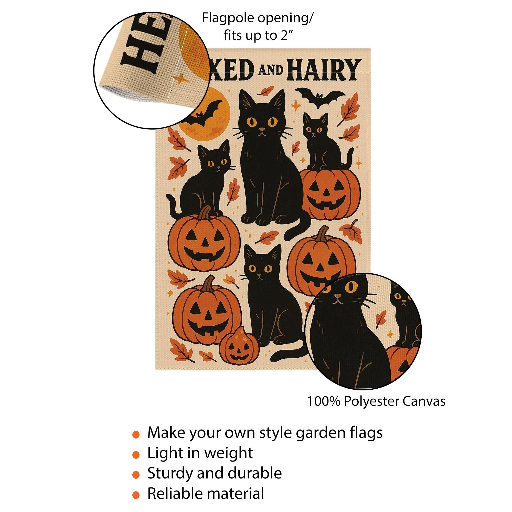 Hexed and Hairy Garden Flag, Halloween Black Cat and Pumpkin Yard Decor, Funny Fall Outdoor Banner, Spooky Cute Porch Flag