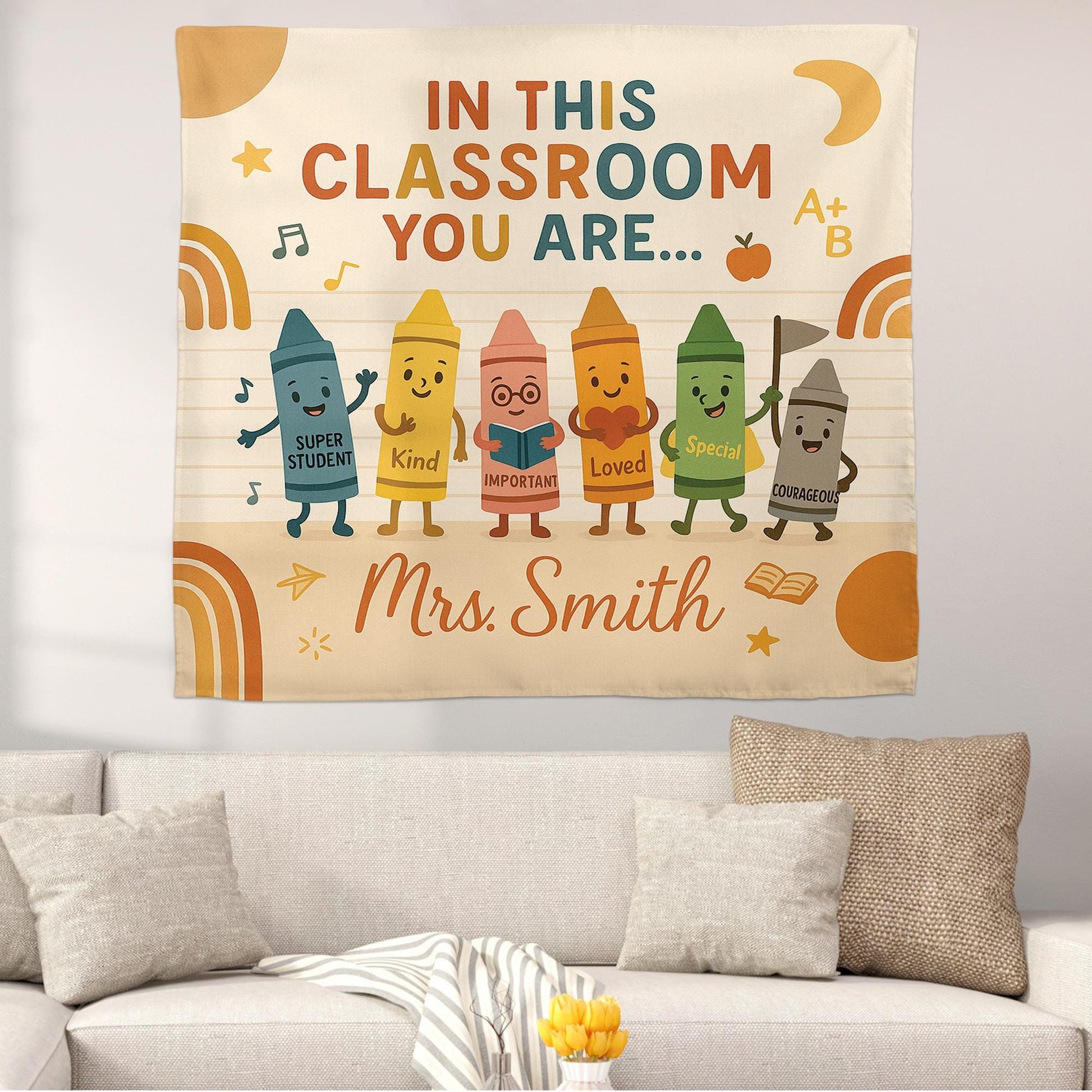 Personalized Classroom Tapestry, Crayon Teacher Wall Decor, Back to School Banner, Motivational Student Poster, Custom Name Sign