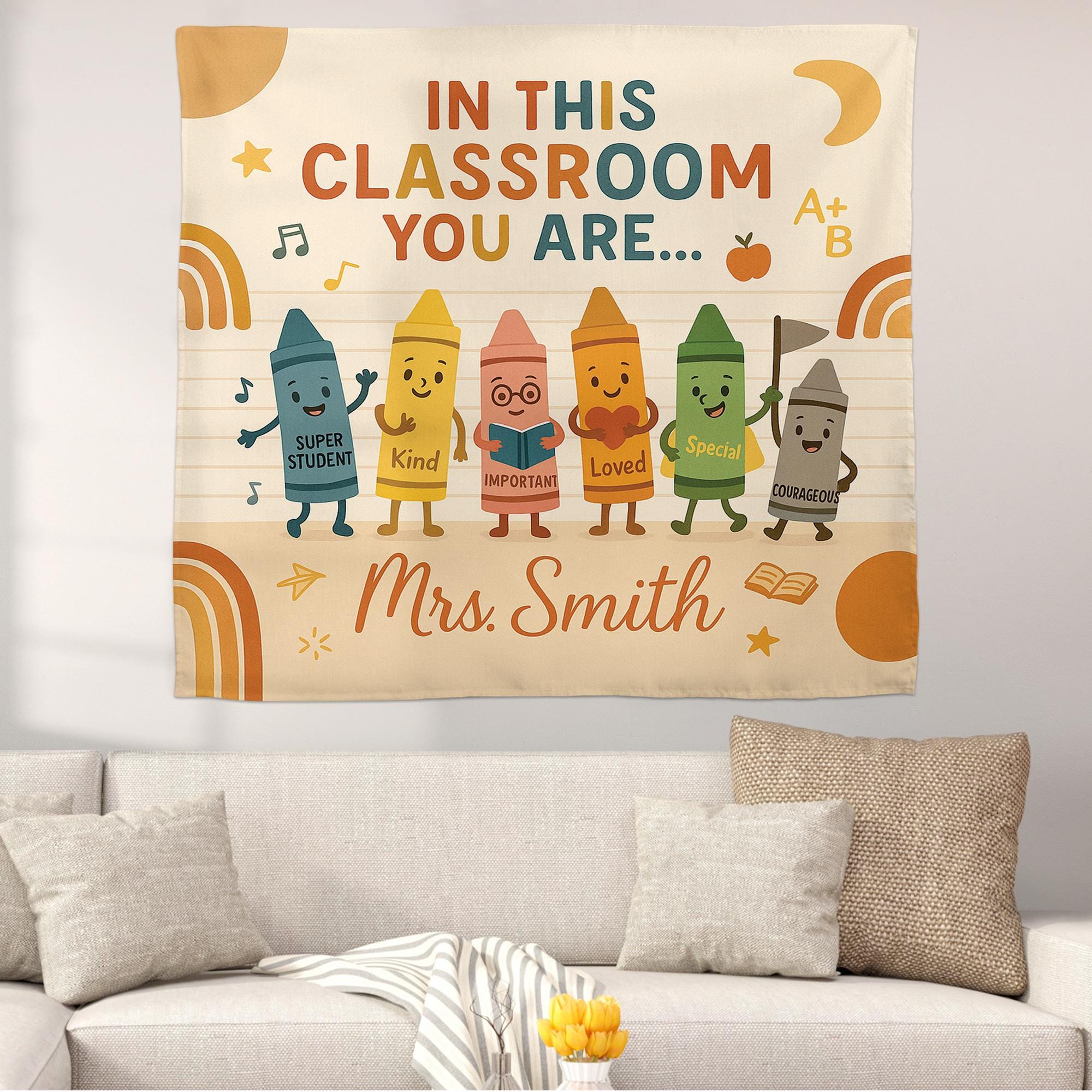 Personalized Classroom Tapestry, Crayon Teacher Wall Decor, Back to School Banner, Motivational Student Poster, Custom Name Sign