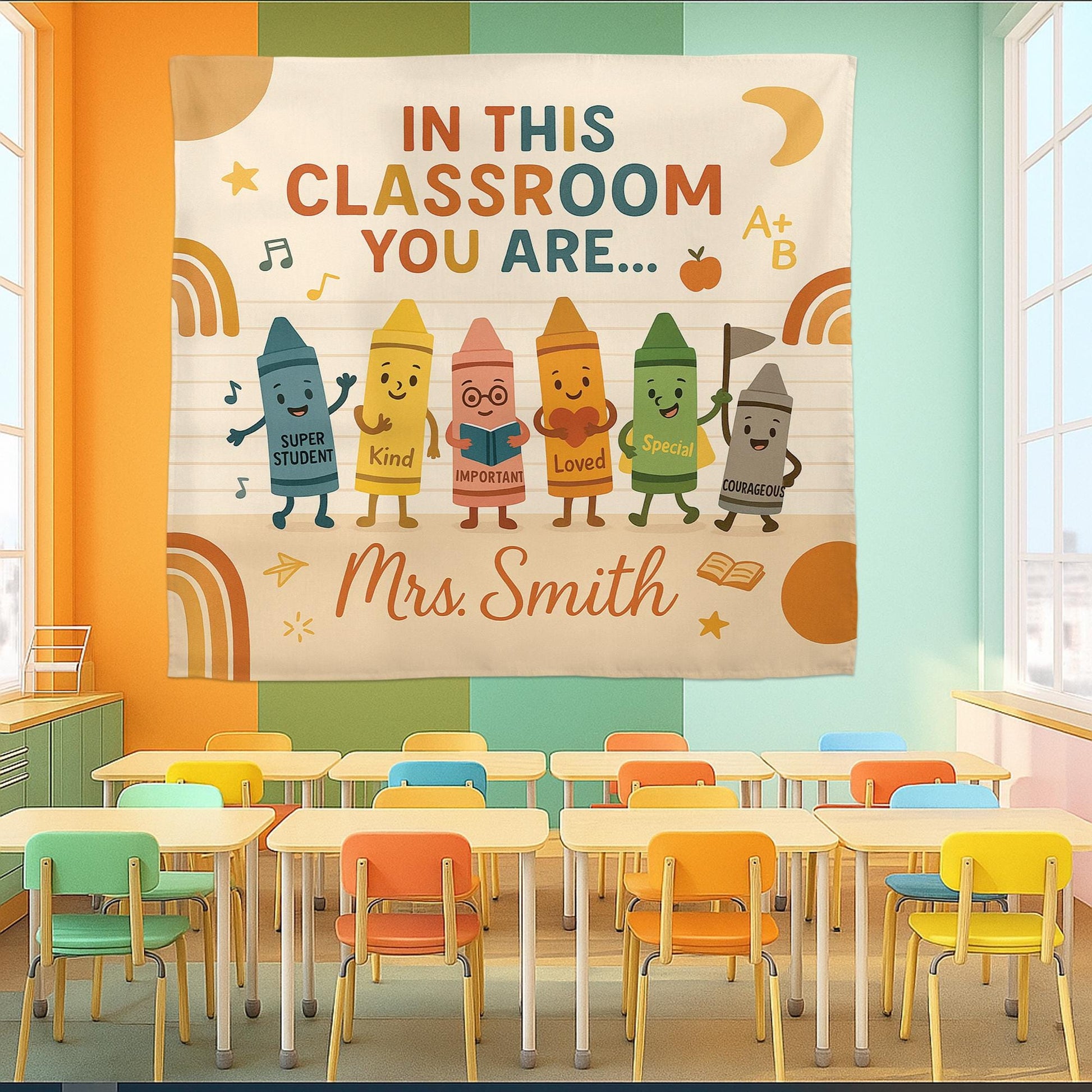 Personalized Classroom Tapestry, Crayon Teacher Wall Decor, Back to School Banner, Motivational Student Poster, Custom Name Sign
