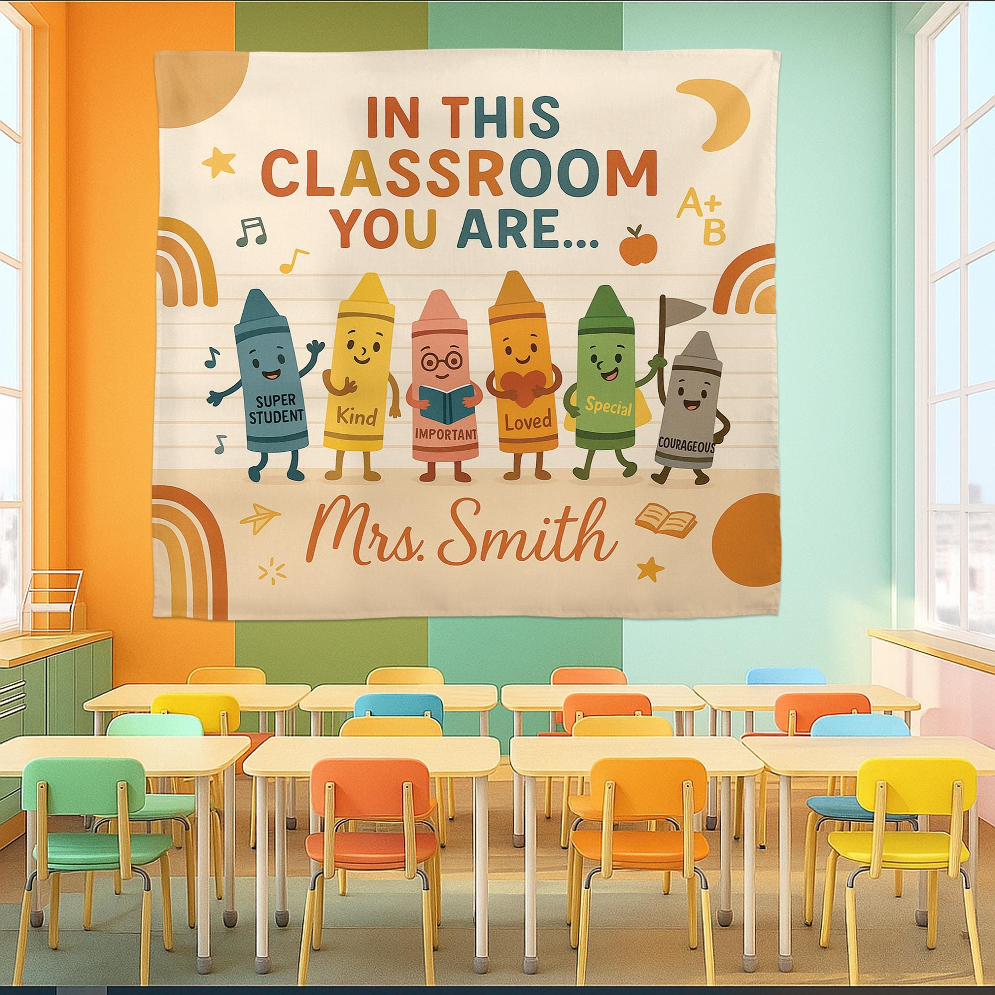 Personalized Classroom Tapestry, Crayon Teacher Wall Decor, Back to School Banner, Motivational Student Poster, Custom Name Sign