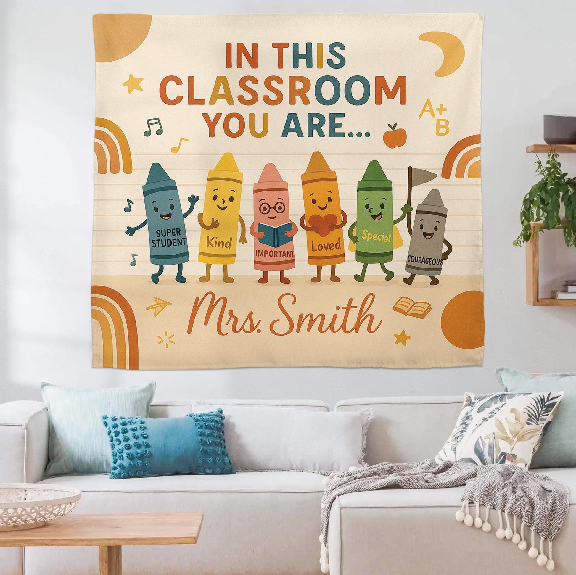 Personalized Classroom Tapestry, Crayon Teacher Wall Decor, Back to School Banner, Motivational Student Poster, Custom Name Sign