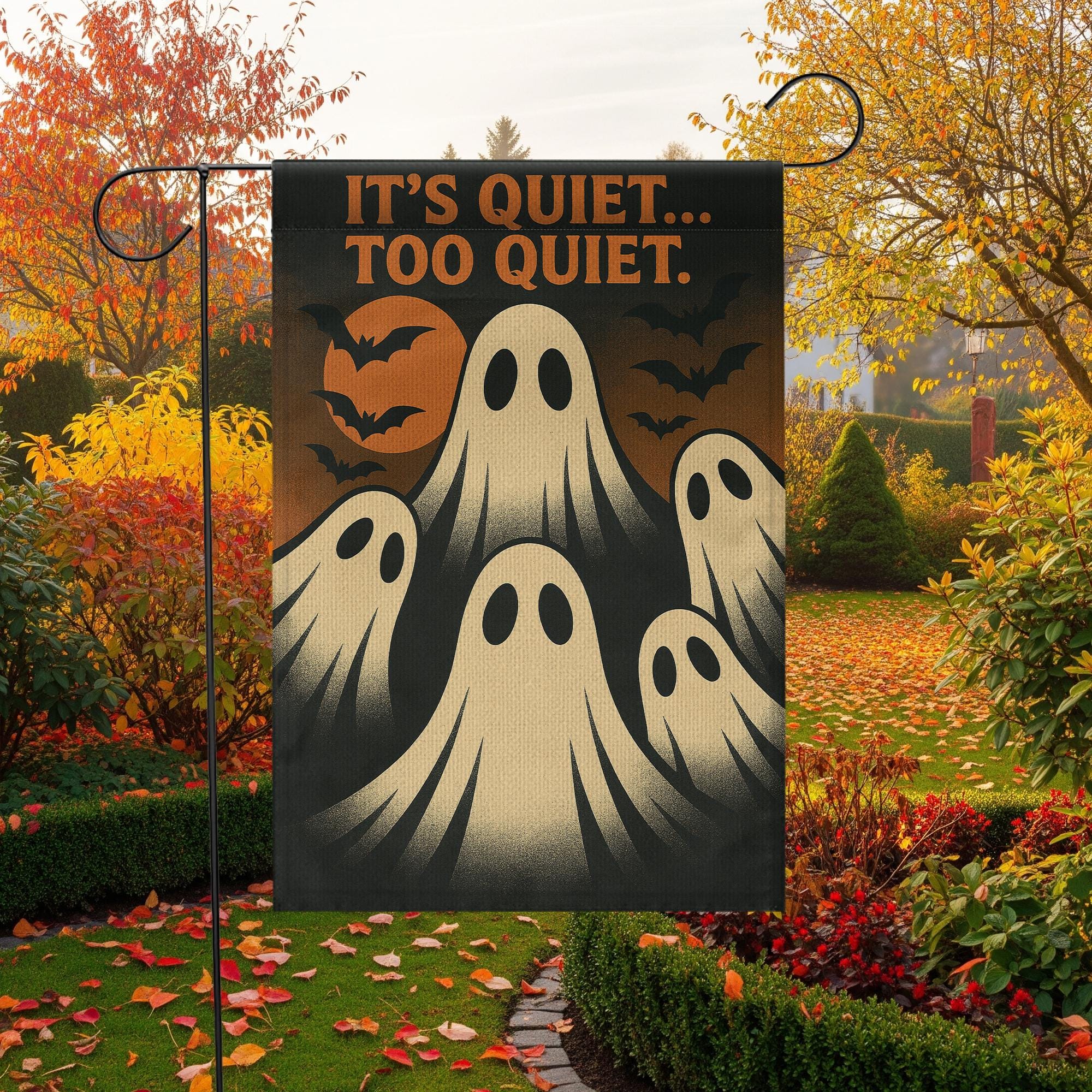 It’s Quiet Too Quiet Garden Flag, Funny Ghost Halloween Yard Decor, Spooky Outdoor Banner, Creepy Cute Fall Porch Decoration, Halloween Yard