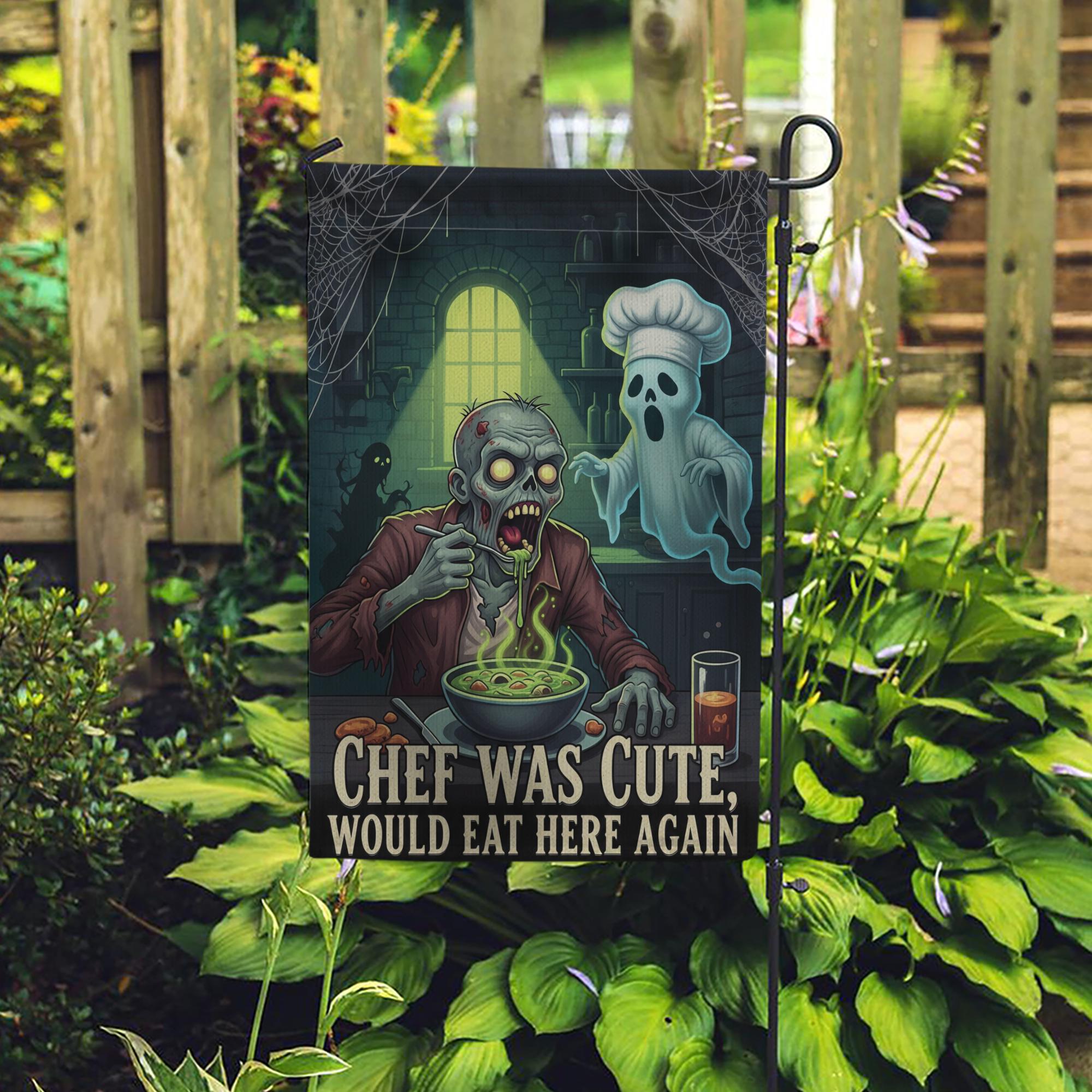 Funny Halloween Garden Flag – Zombie Chef & Ghost Kitchen Decor, Spooky Outdoor Yard Banner, “Chef Was Cute Would Eat Here Again”
