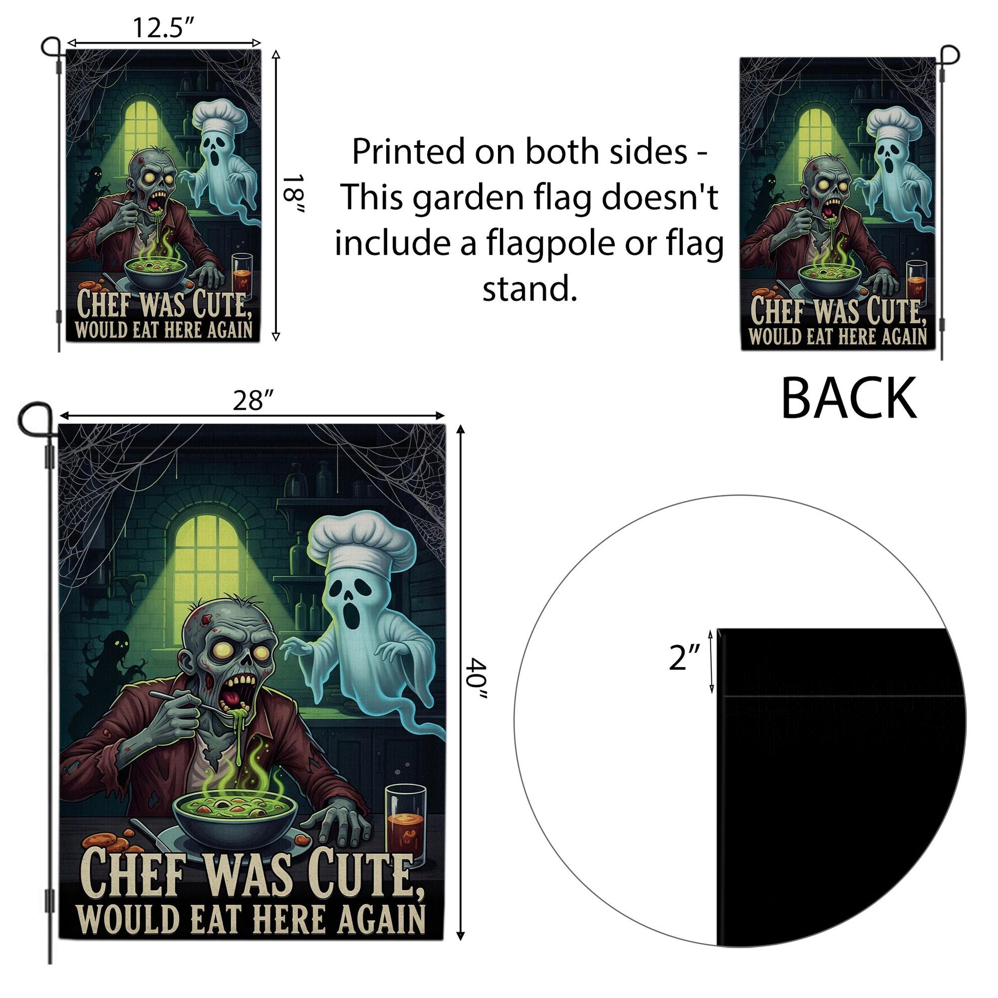 Funny Halloween Garden Flag – Zombie Chef & Ghost Kitchen Decor, Spooky Outdoor Yard Banner, “Chef Was Cute Would Eat Here Again”